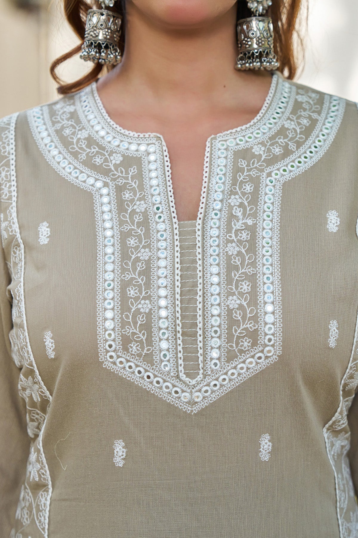 Grey cotton embroidered Farshi Suit Set With Dupatta