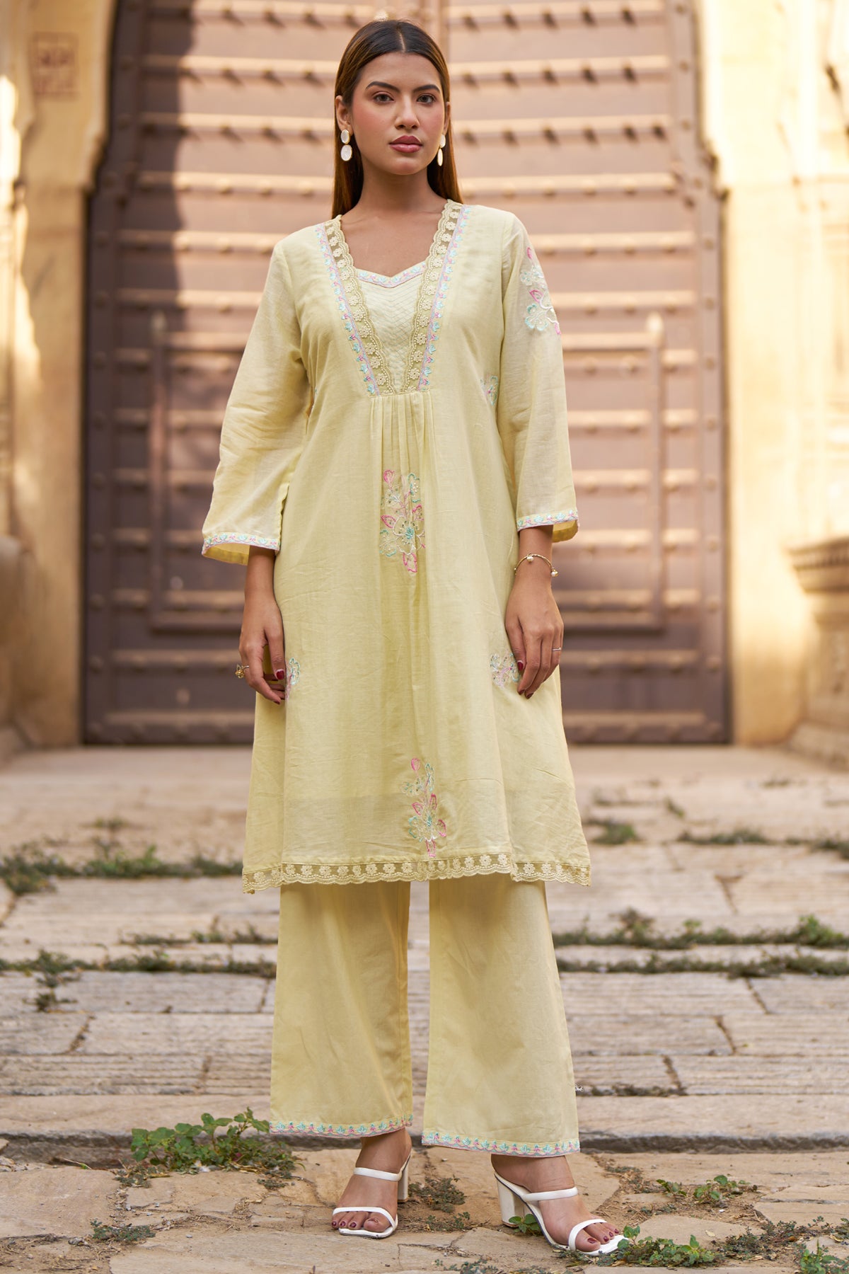 Yellow Mul Mul Embroidered Co-ord Set