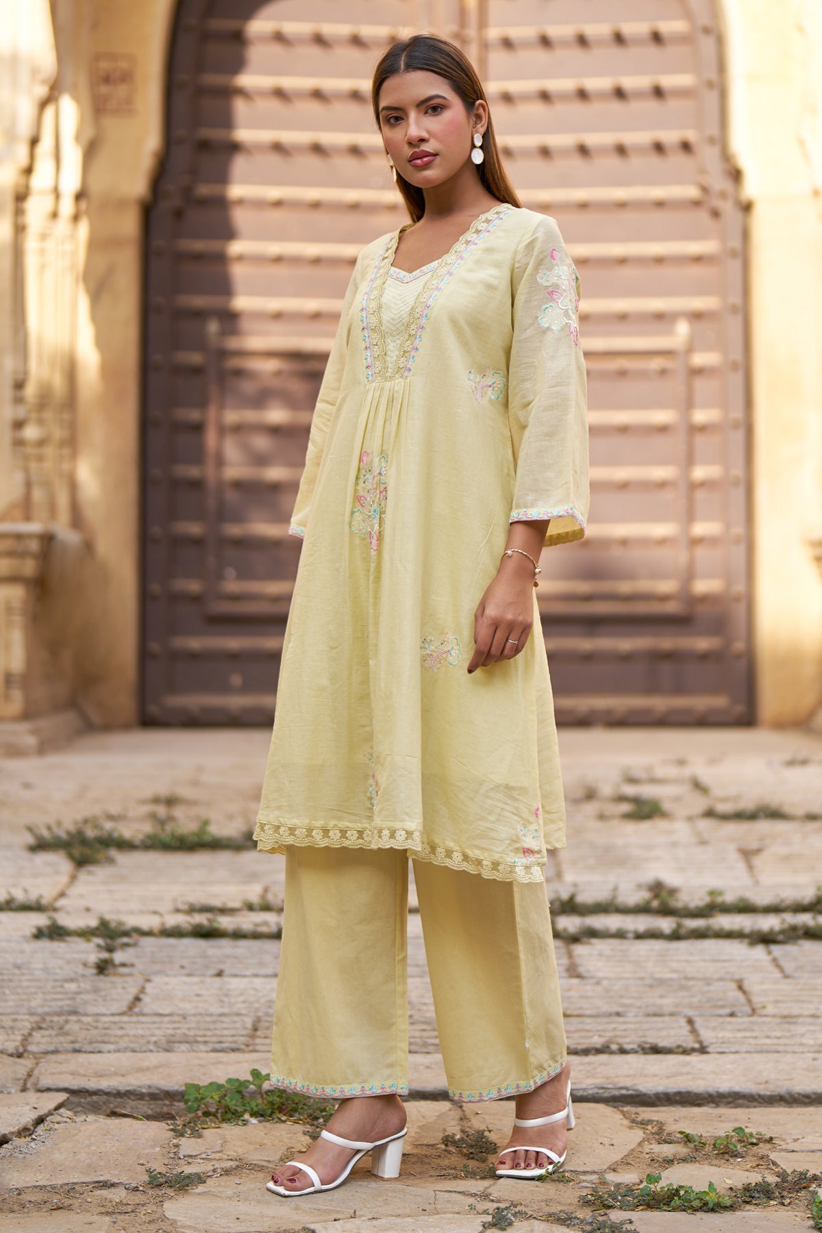 Yellow Mul Mul Embroidered Co-ord Set