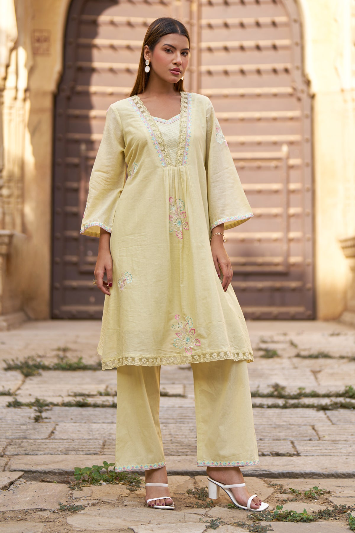 Yellow Mul Mul Embroidered Co-ord Set