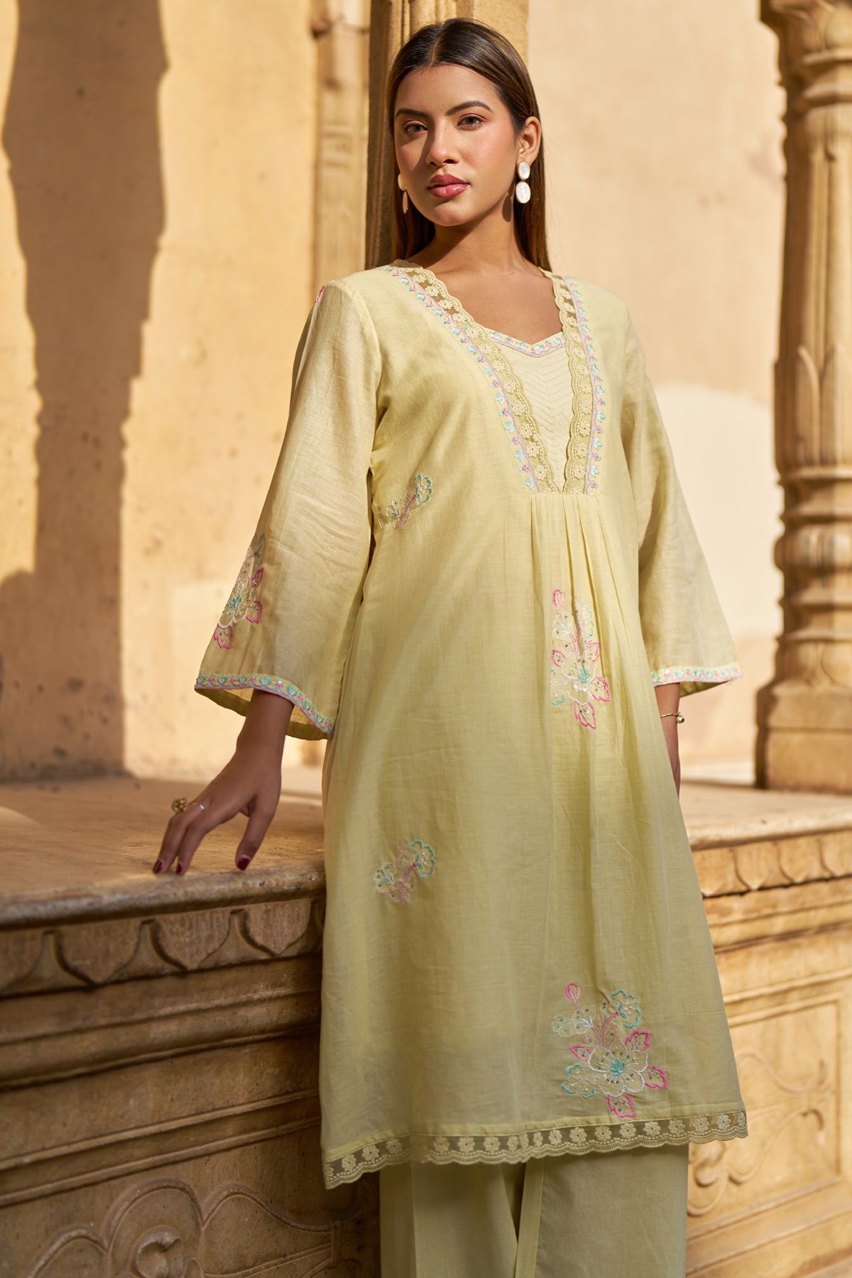 Yellow Mul Mul Embroidered Co-ord Set