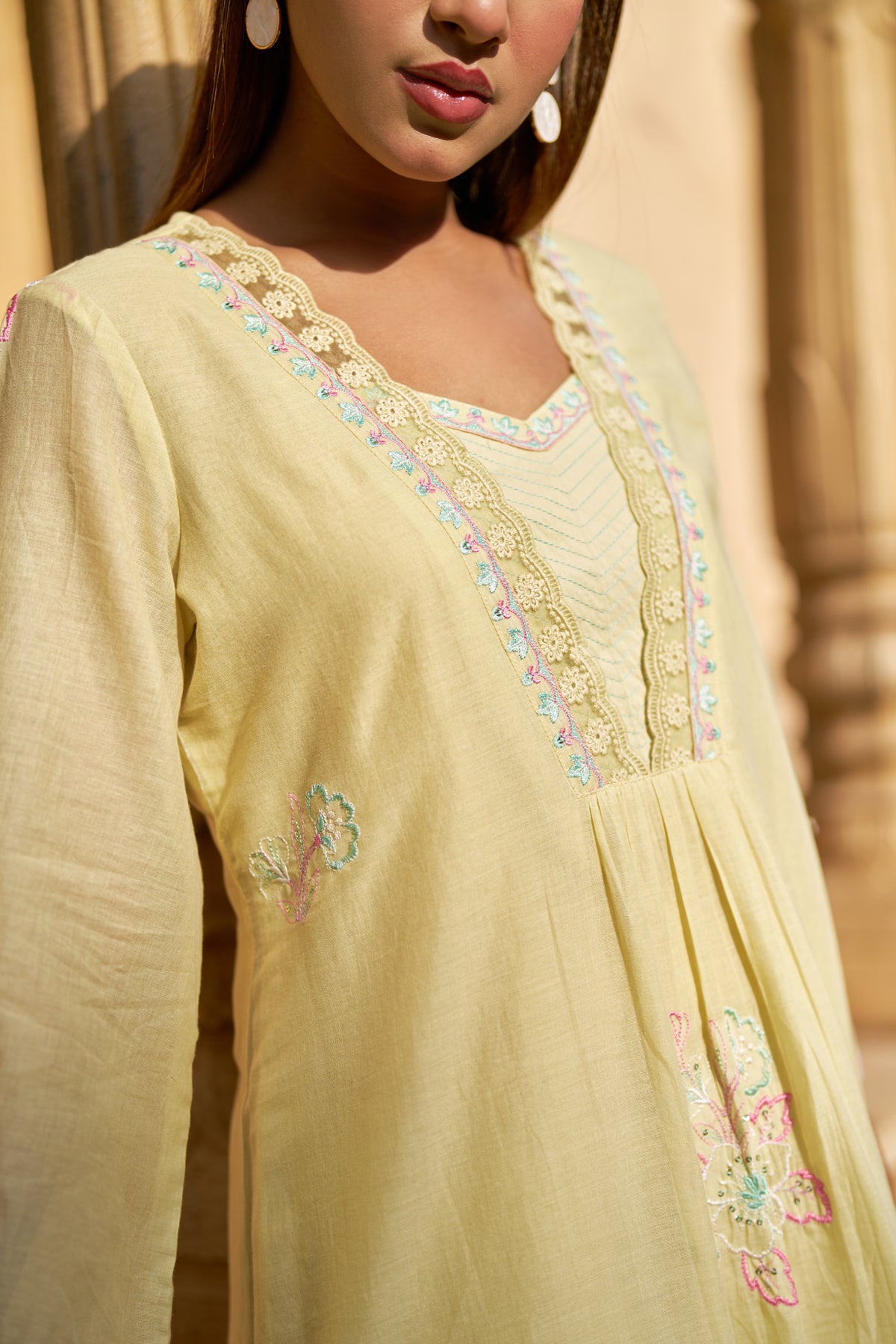 Yellow Mul Mul Embroidered Co-ord Set