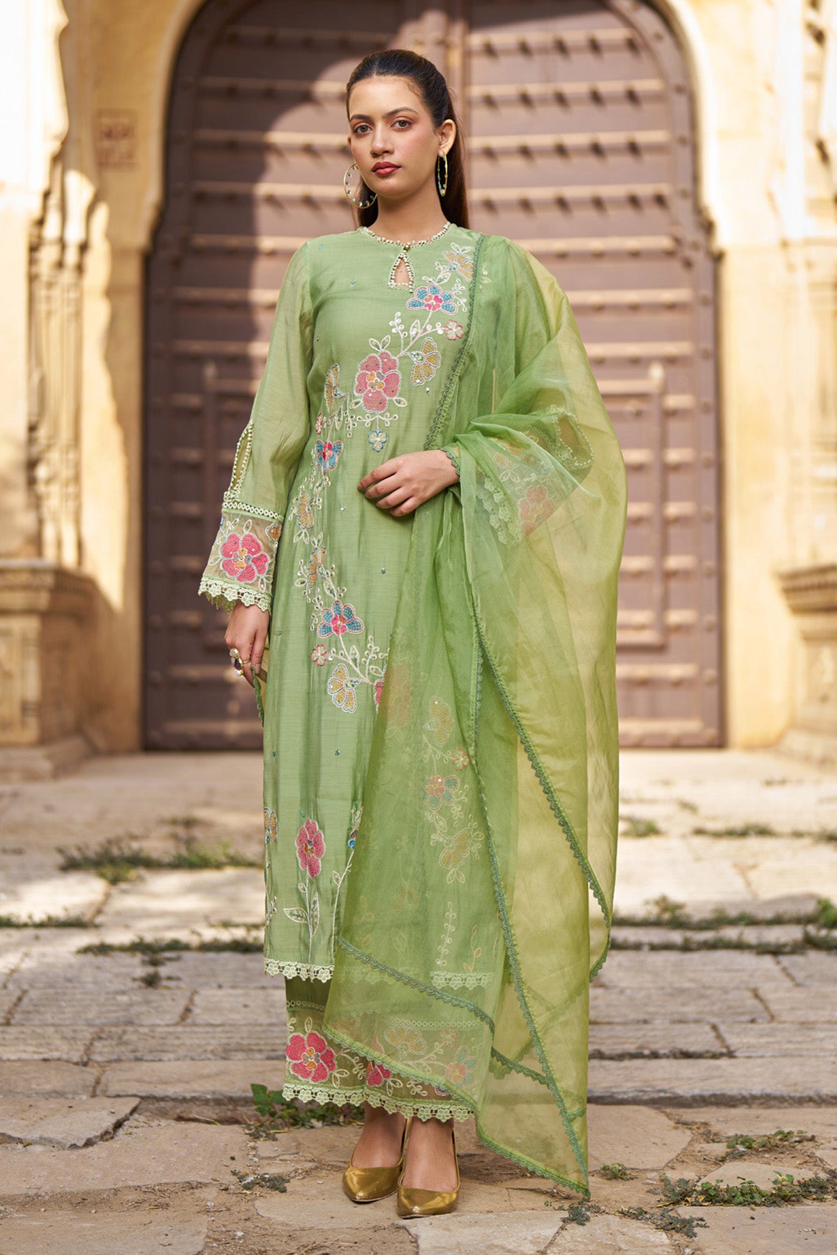 Green Mul Chanderi Handwork Suit Set