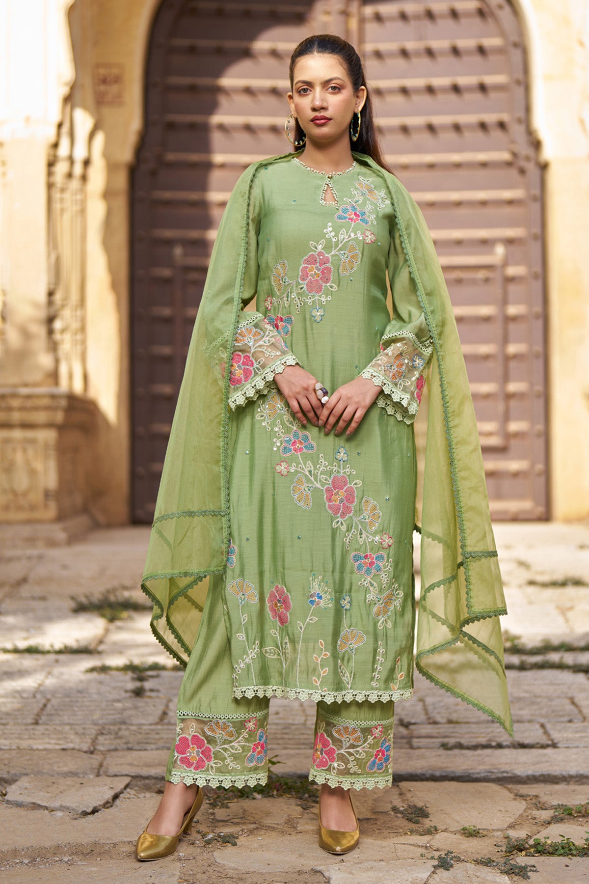 Green Mul Chanderi Handwork Suit Set