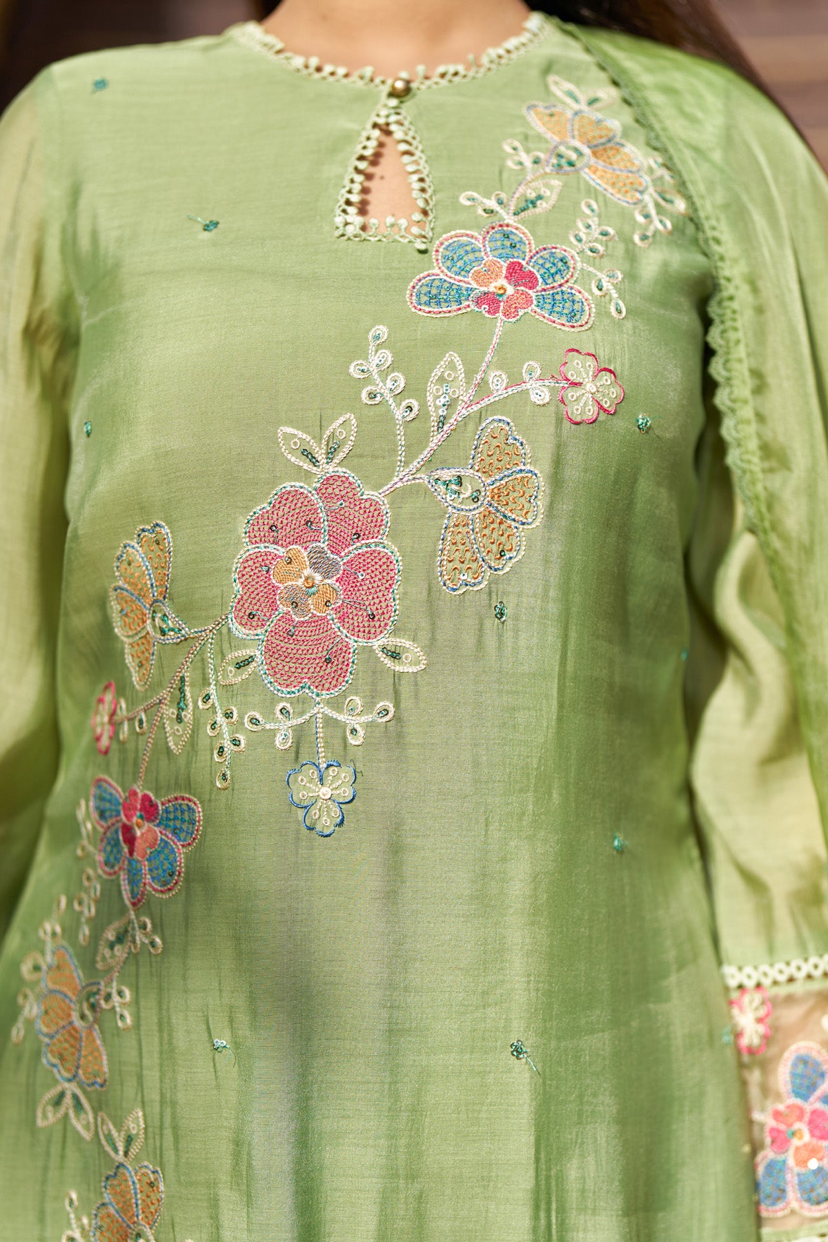 Green Mul Chanderi Handwork Suit Set