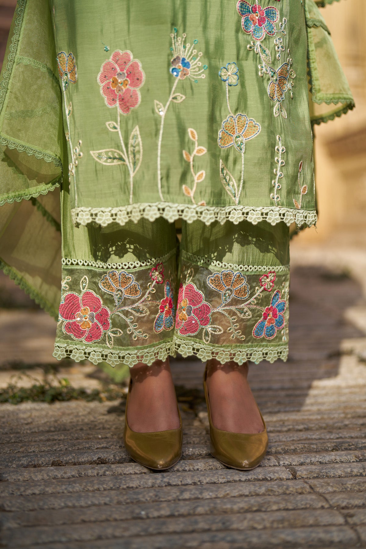 Green Mul Chanderi Handwork Suit Set