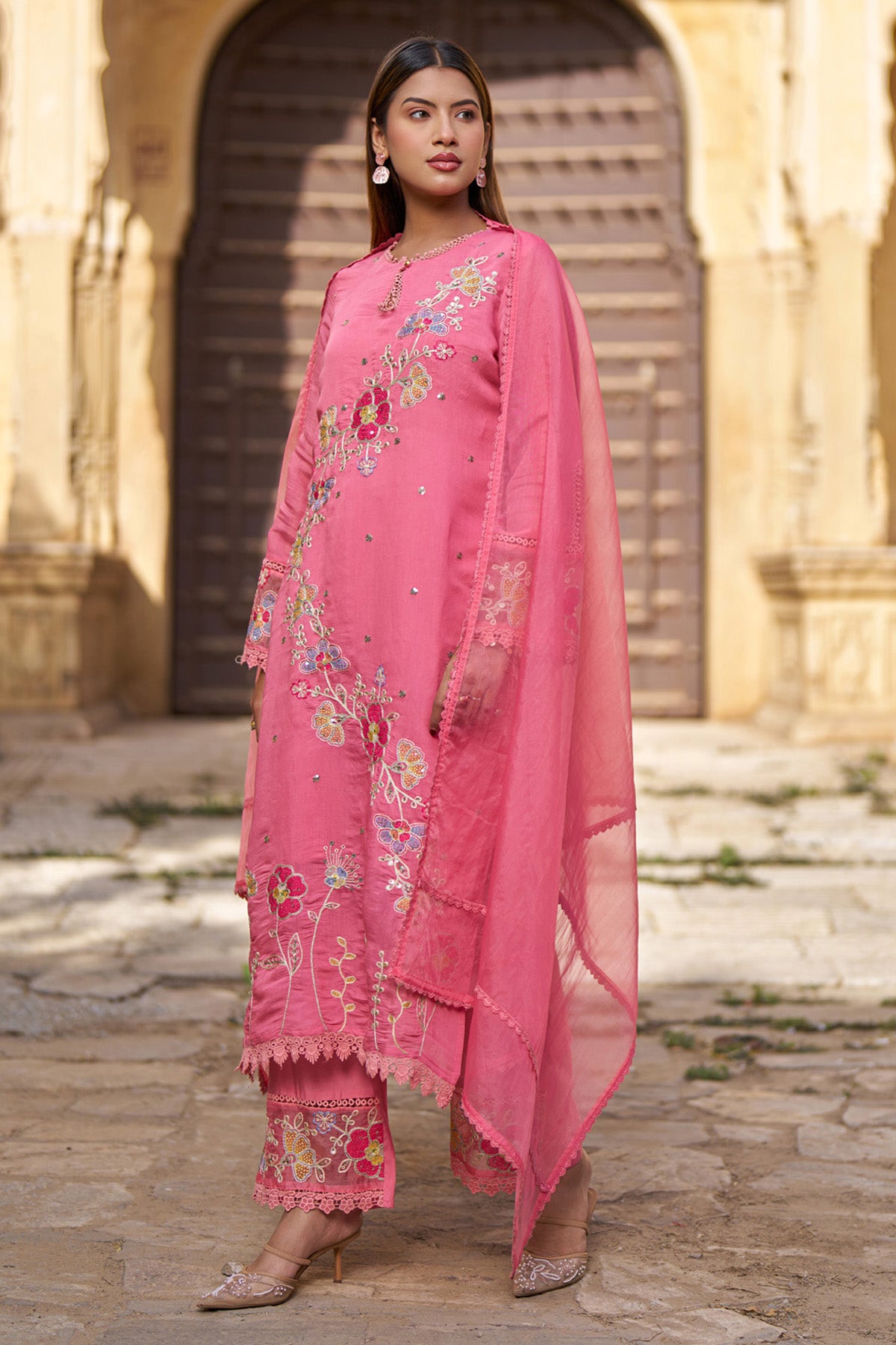 Pink Mul Chanderi Handwork Suit Set