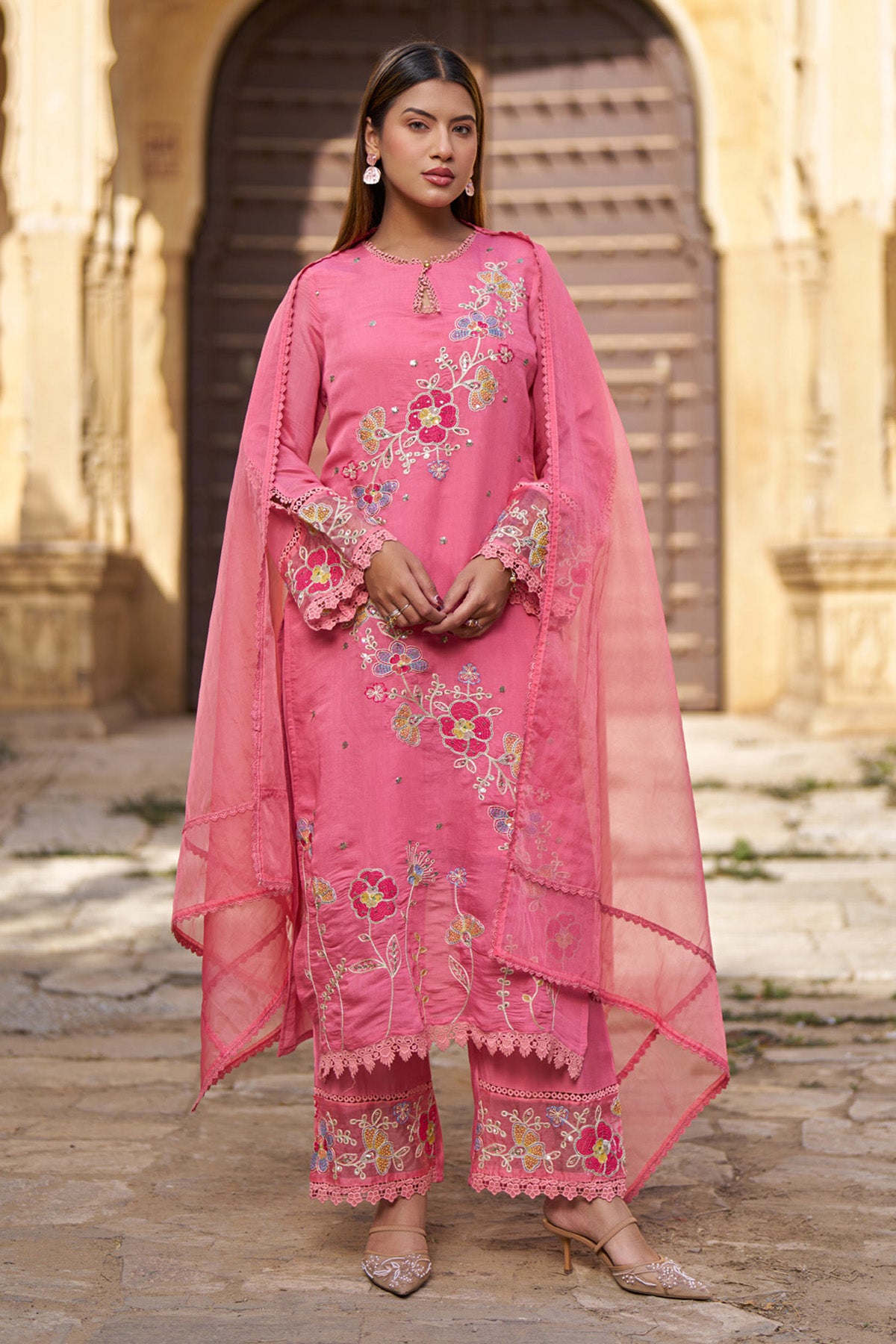 Pink Mul Chanderi Handwork Suit Set