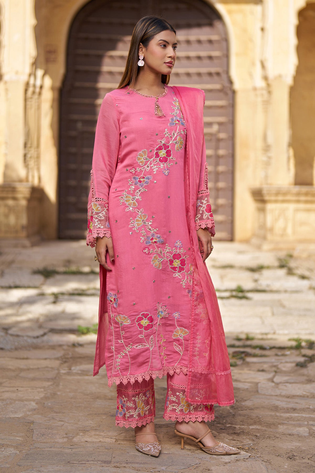 Pink Mul Chanderi Handwork Suit Set