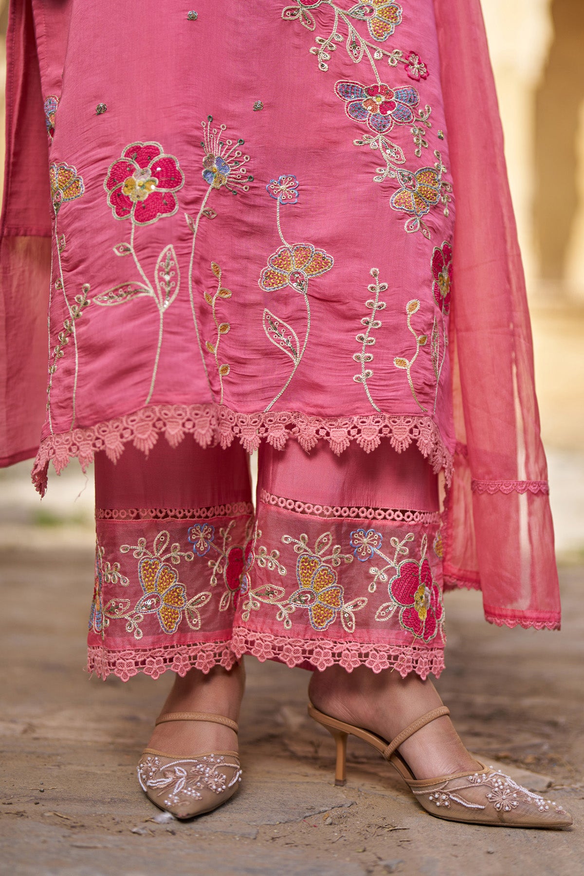 Pink Mul Chanderi Handwork Suit Set
