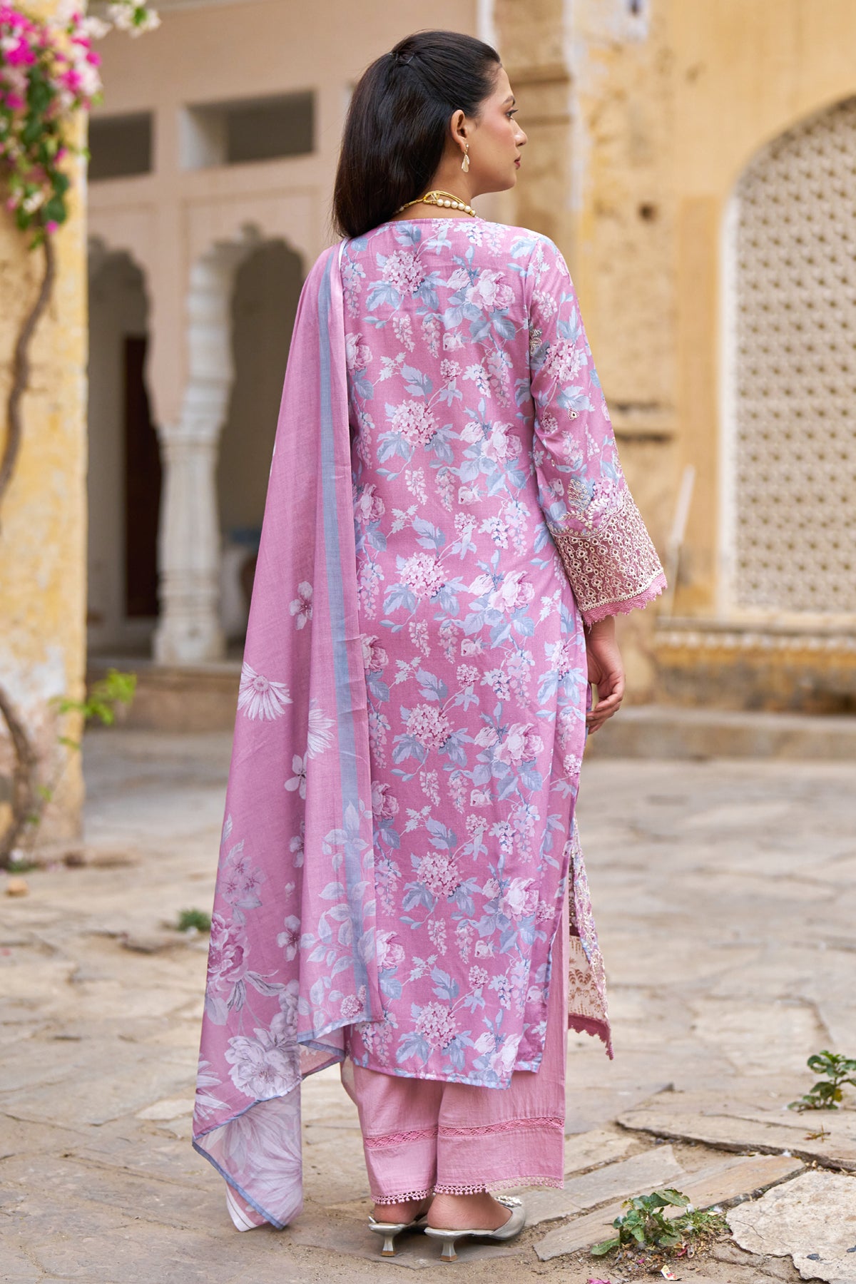 Pink Cotton Embroidered Suit Set