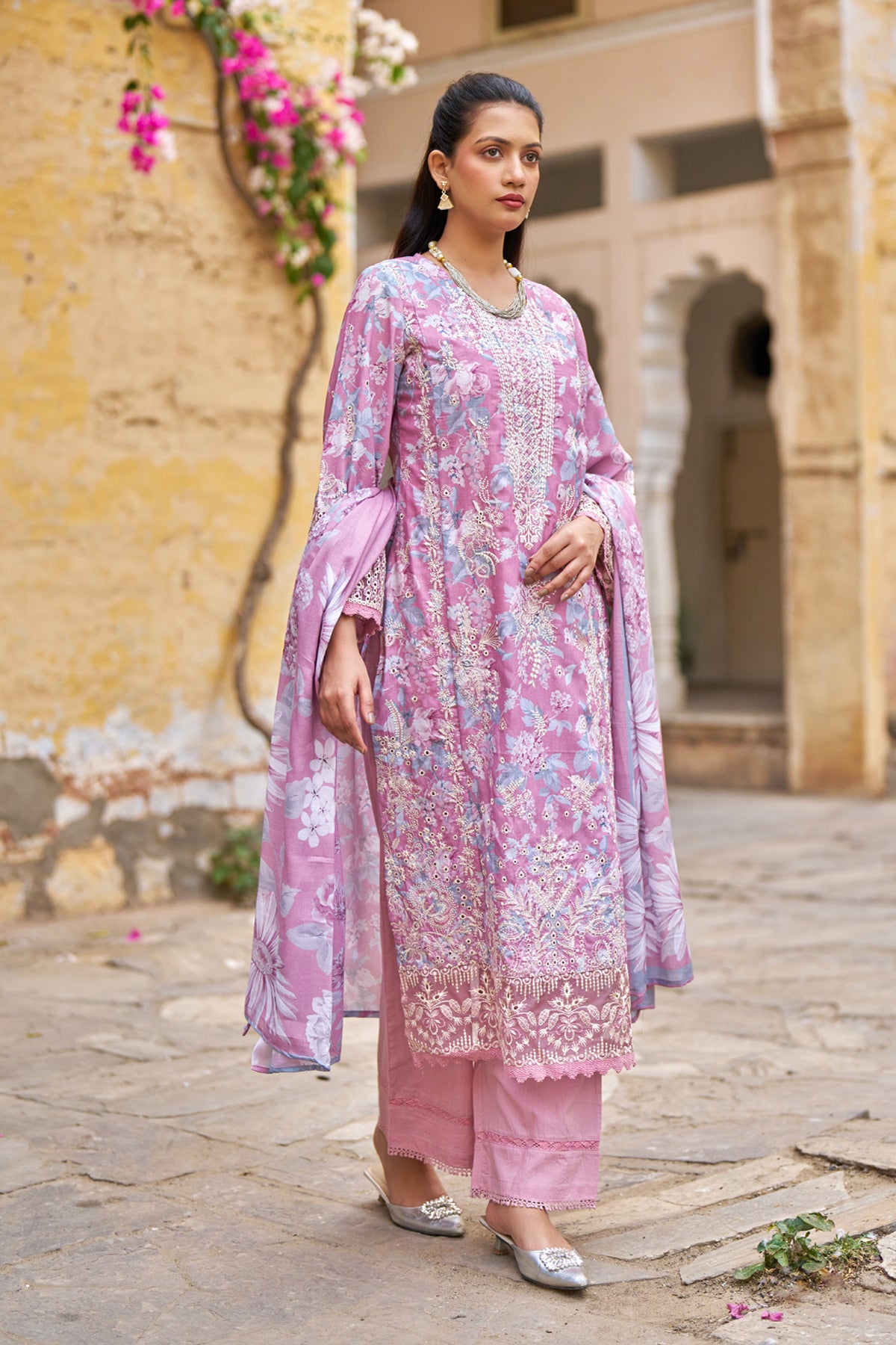 Pink Cotton Embroidered Suit Set