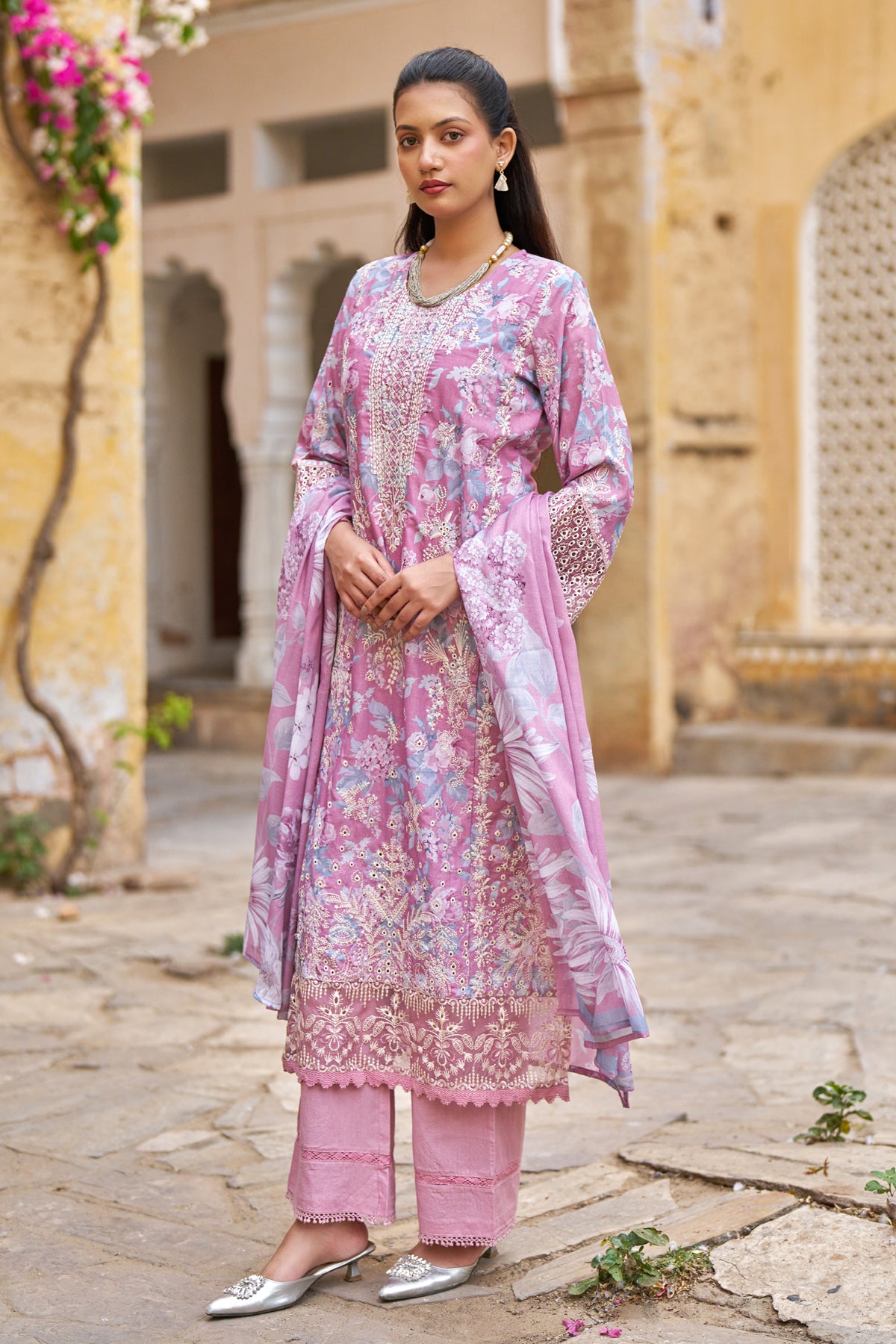 Pink Cotton Embroidered Suit Set
