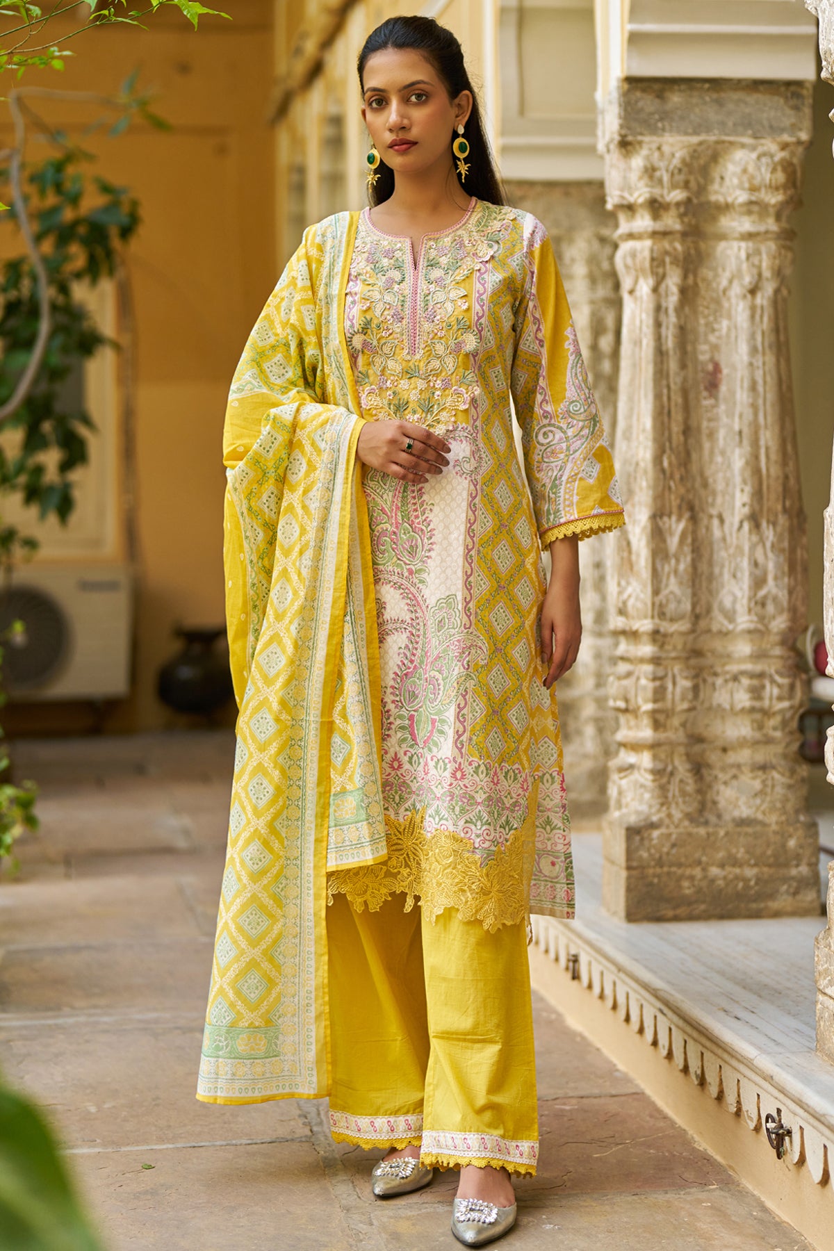 Yellow Cotton Embroidered Suit Set