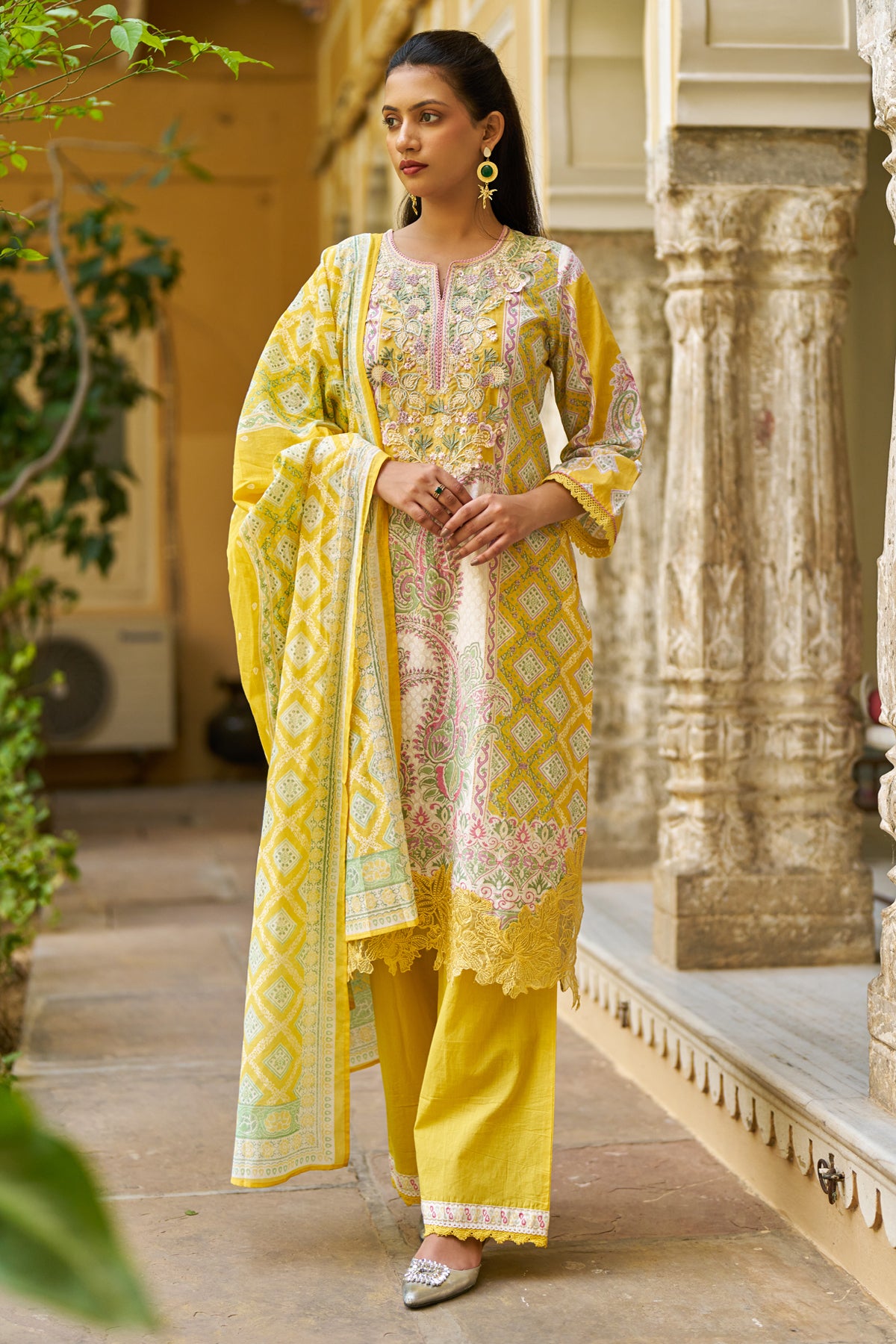 Yellow Cotton Embroidered Suit Set