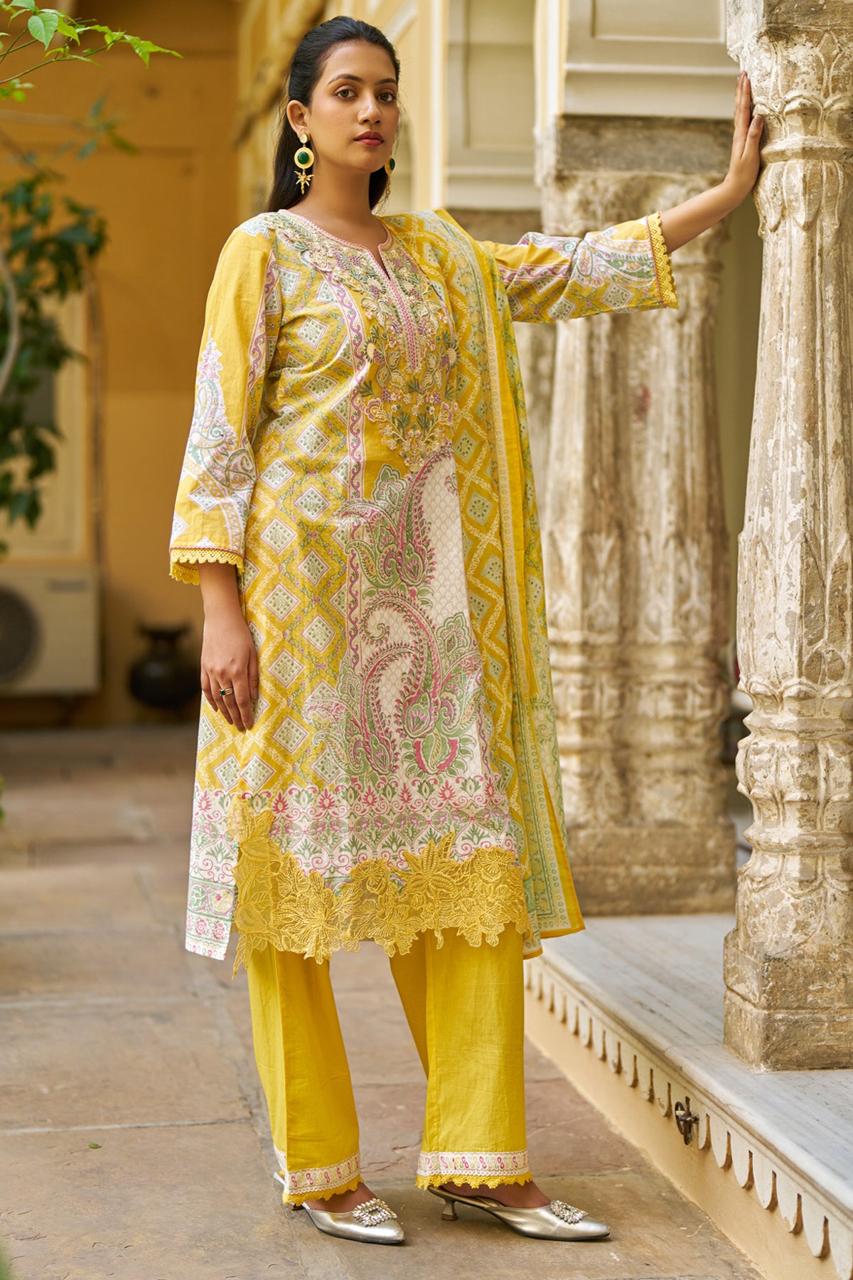 Yellow Cotton Embroidered Suit Set