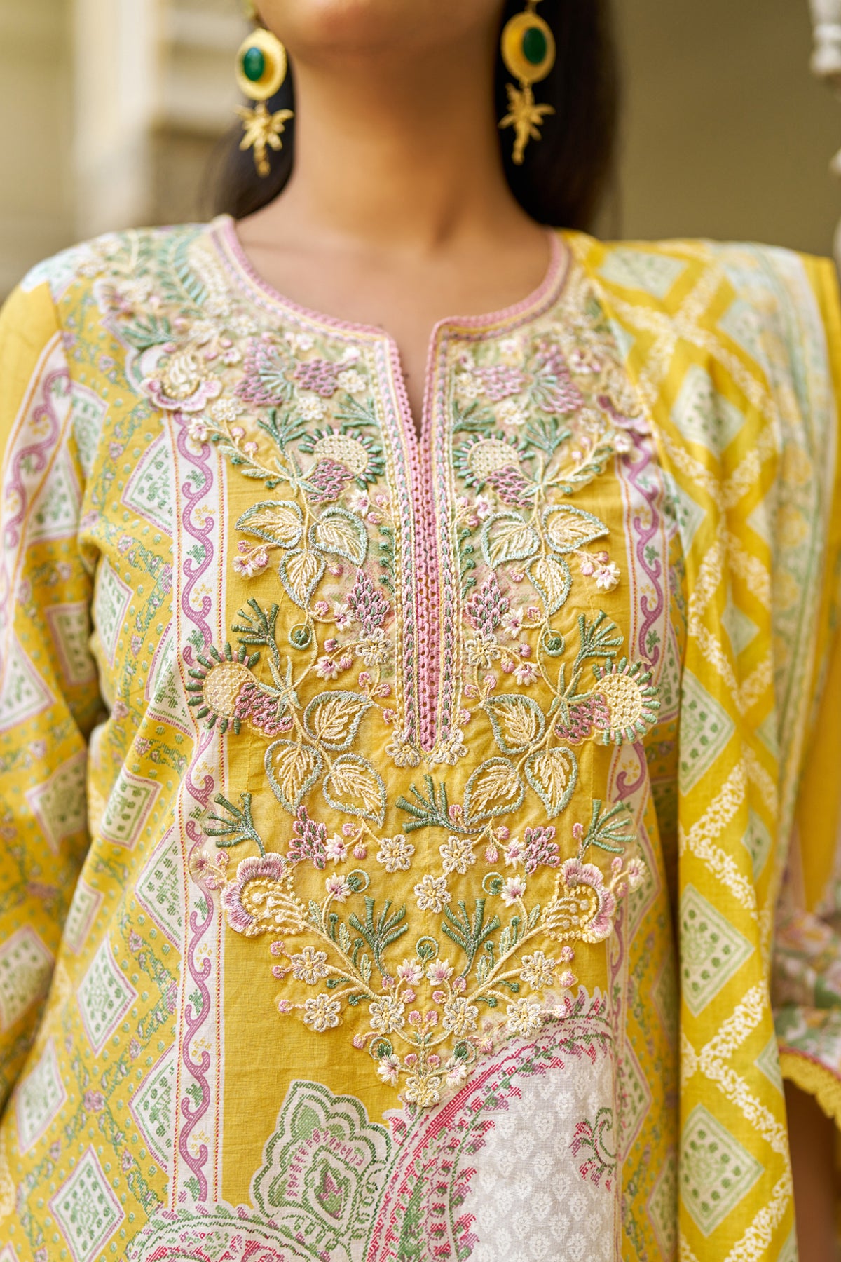 Yellow Cotton Embroidered Suit Set