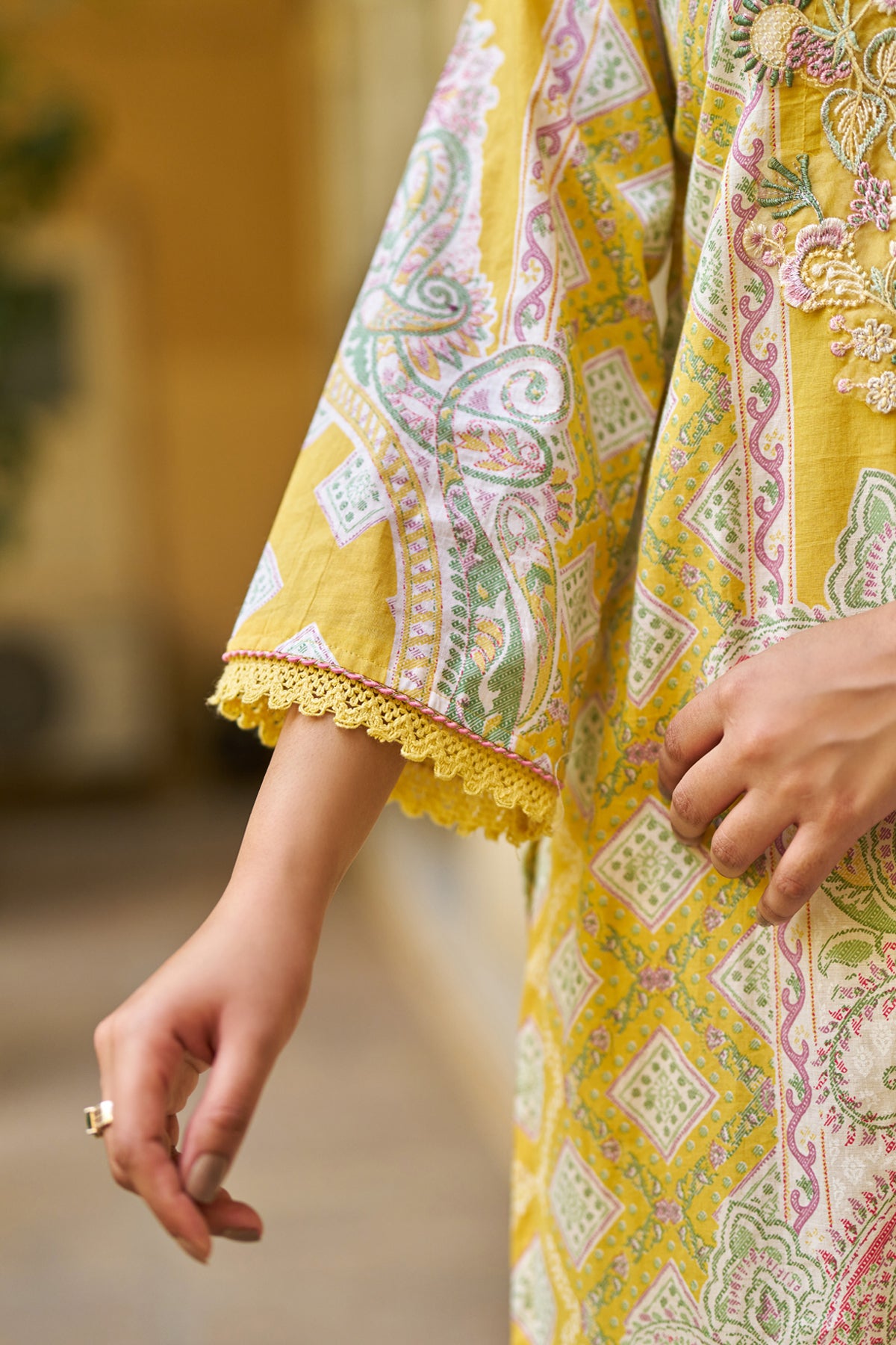 Yellow Cotton Embroidered Suit Set