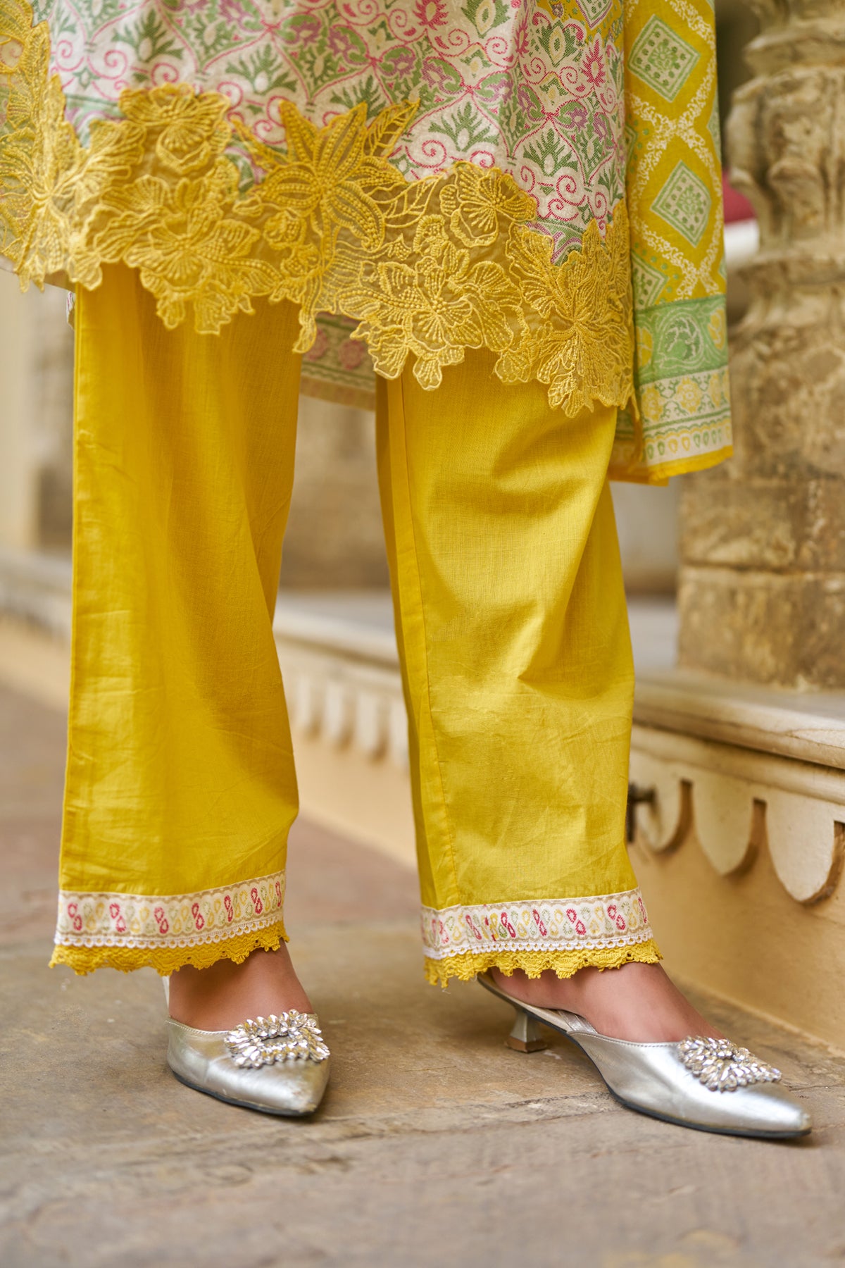 Yellow Cotton Embroidered Suit Set