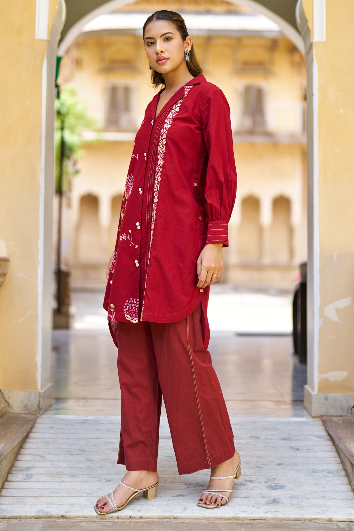 Red Cotton Embroidered Cord Set