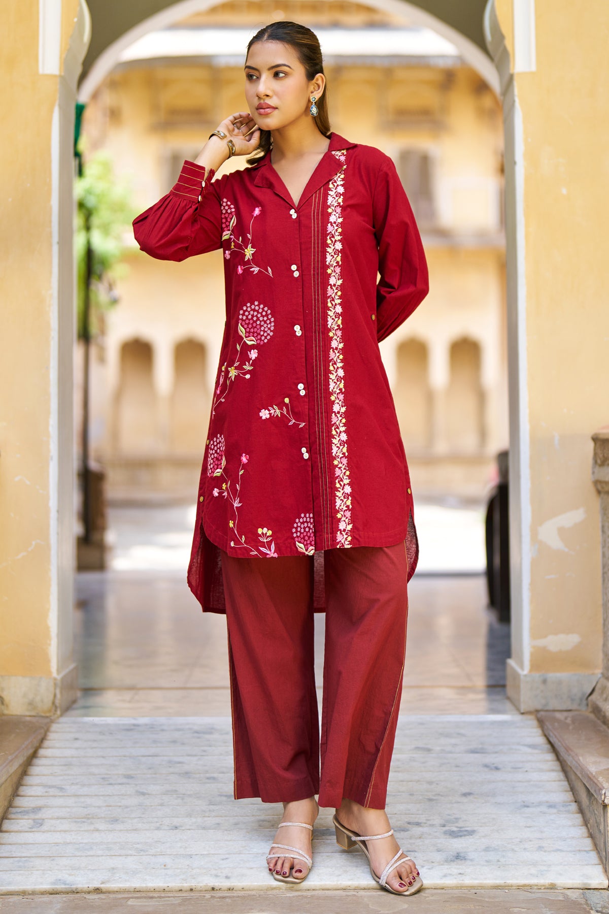 Red Cotton Embroidered Cord Set