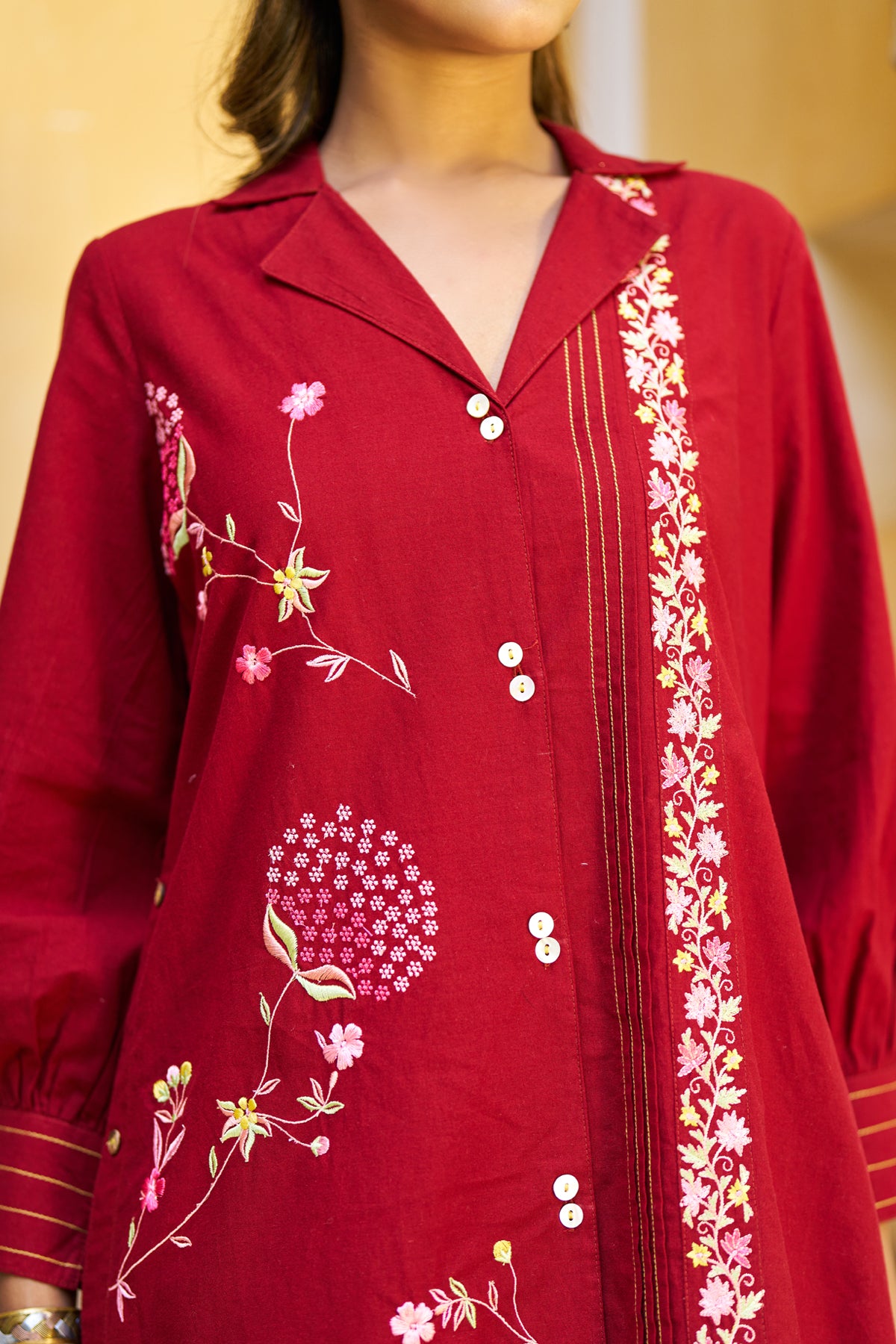 Red Cotton Embroidered Cord Set