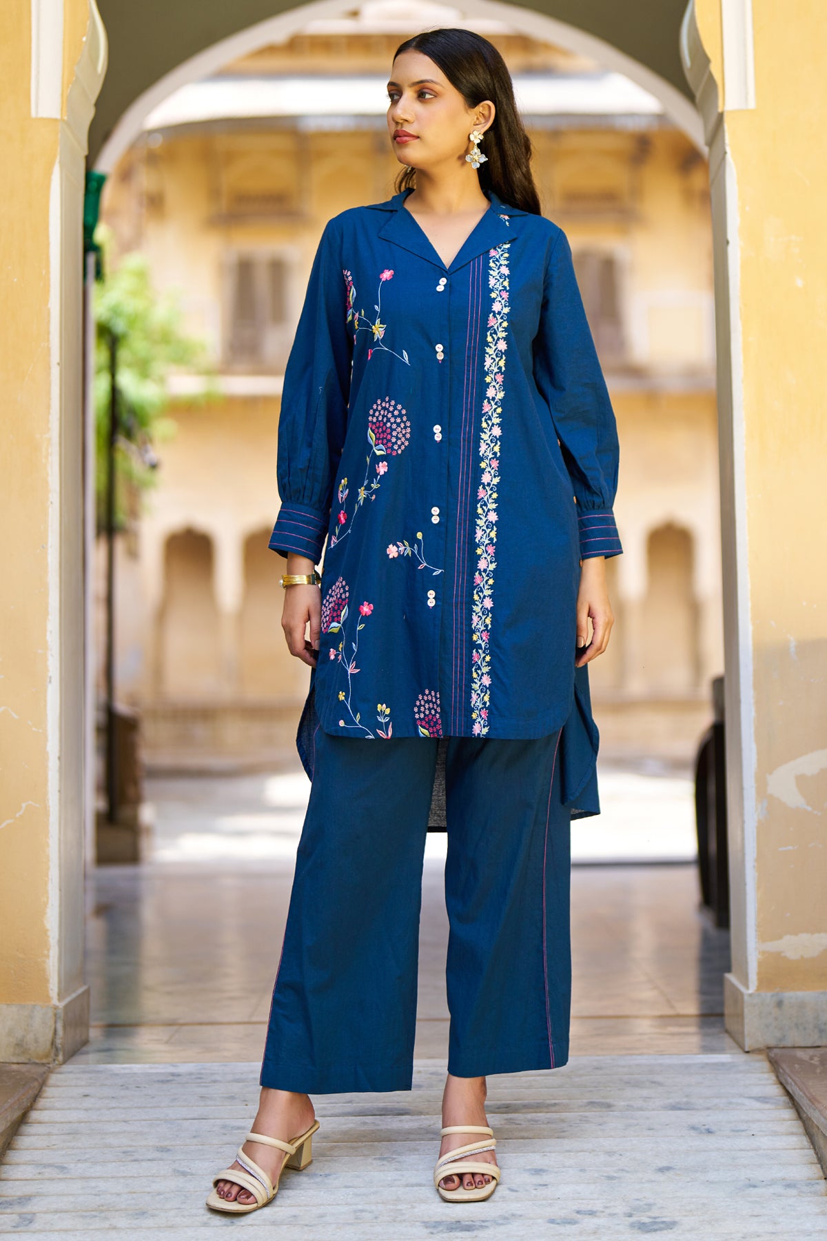 Navy Blue Cotton Embroidered Cord Set