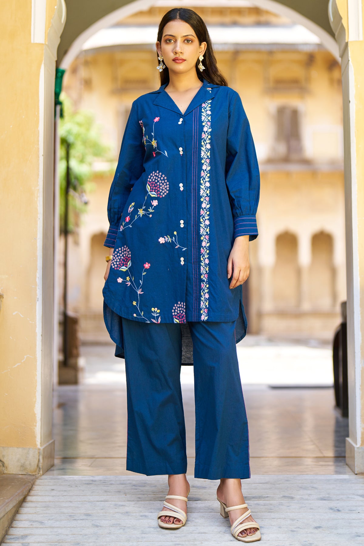Navy Blue Cotton Embroidered Cord Set