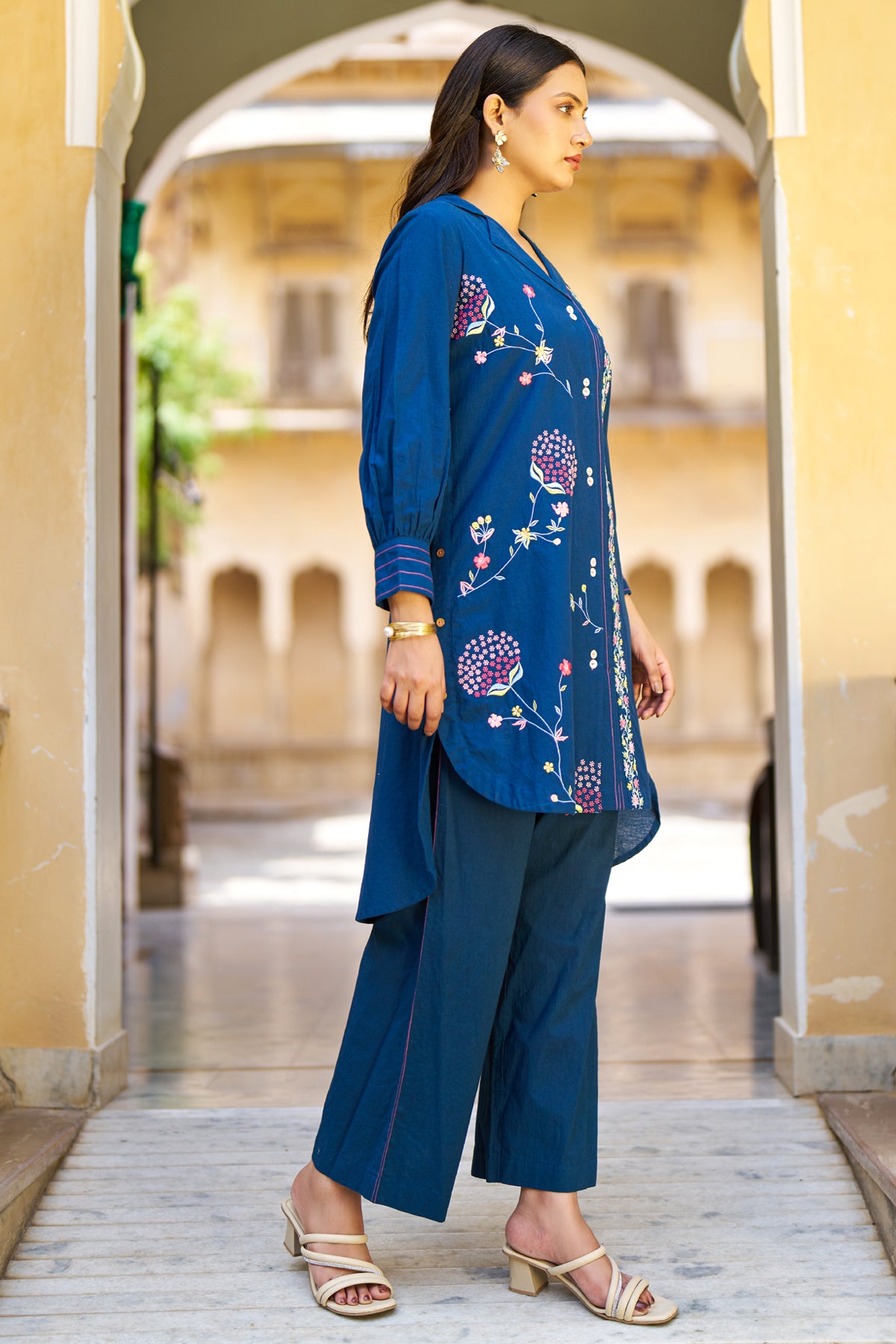 Navy Blue Cotton Embroidered Cord Set