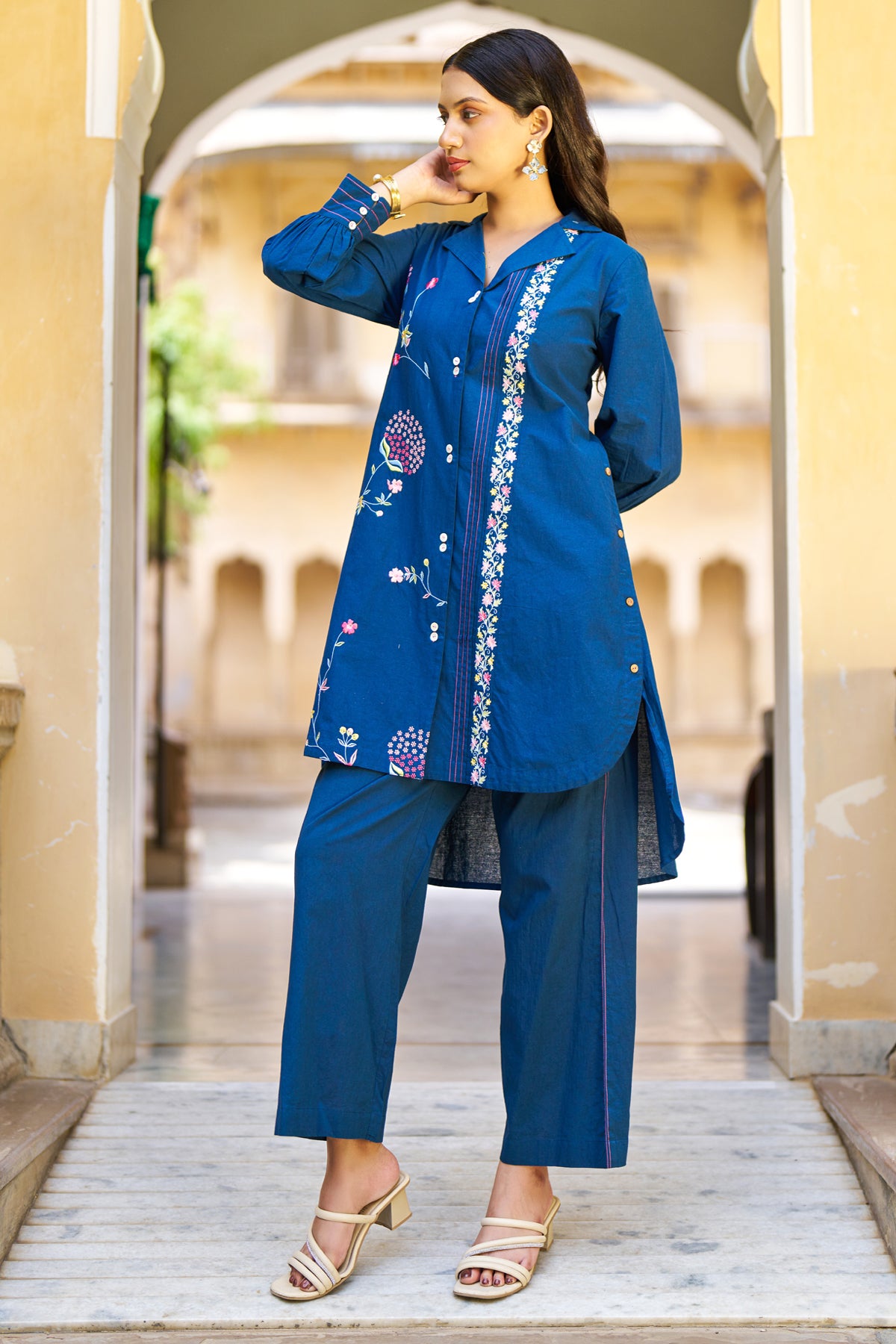 Navy Blue Cotton Embroidered Cord Set
