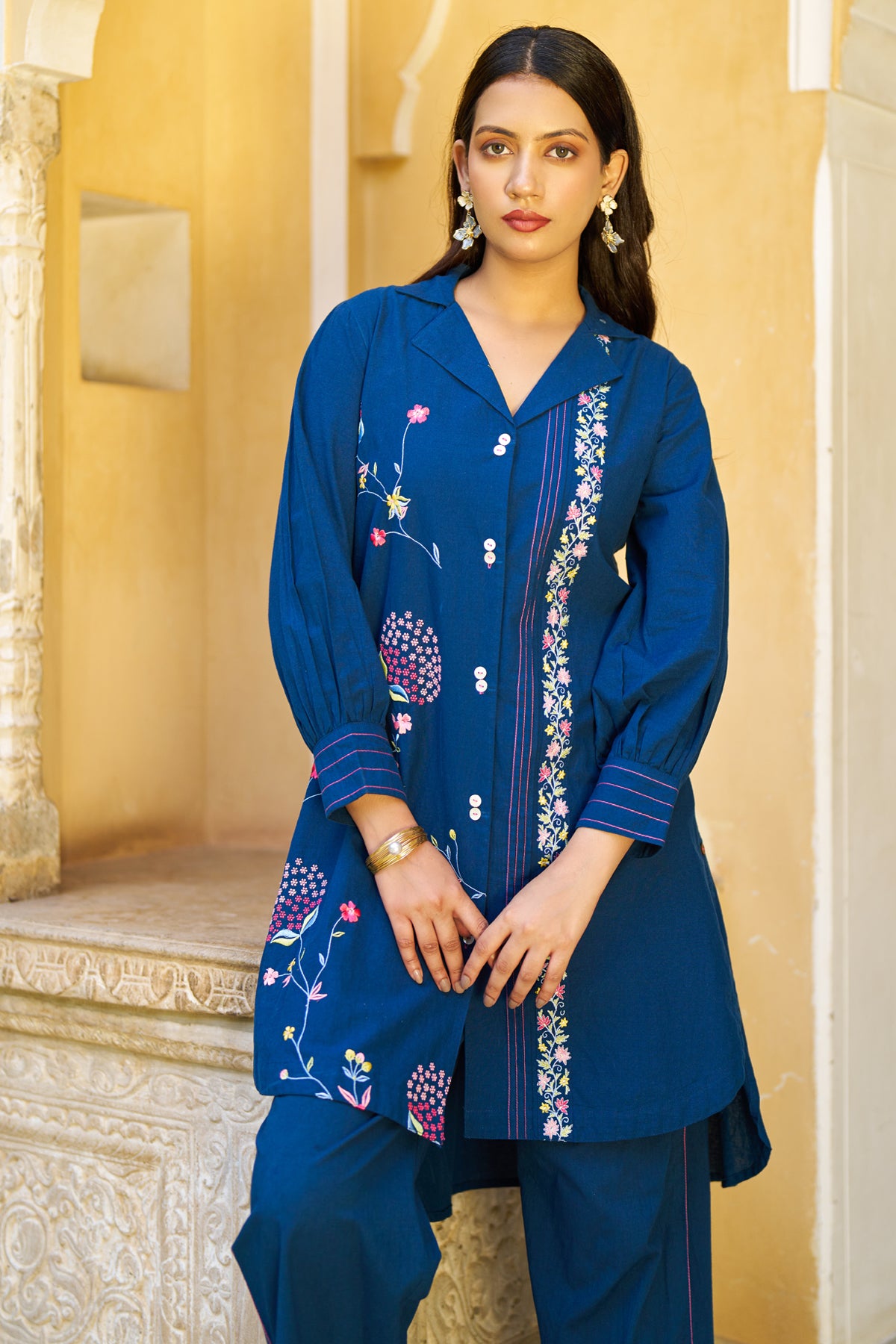 Navy Blue Cotton Embroidered Cord Set