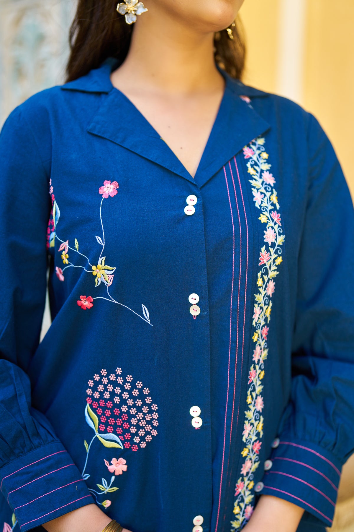 Navy Blue Cotton Embroidered Cord Set