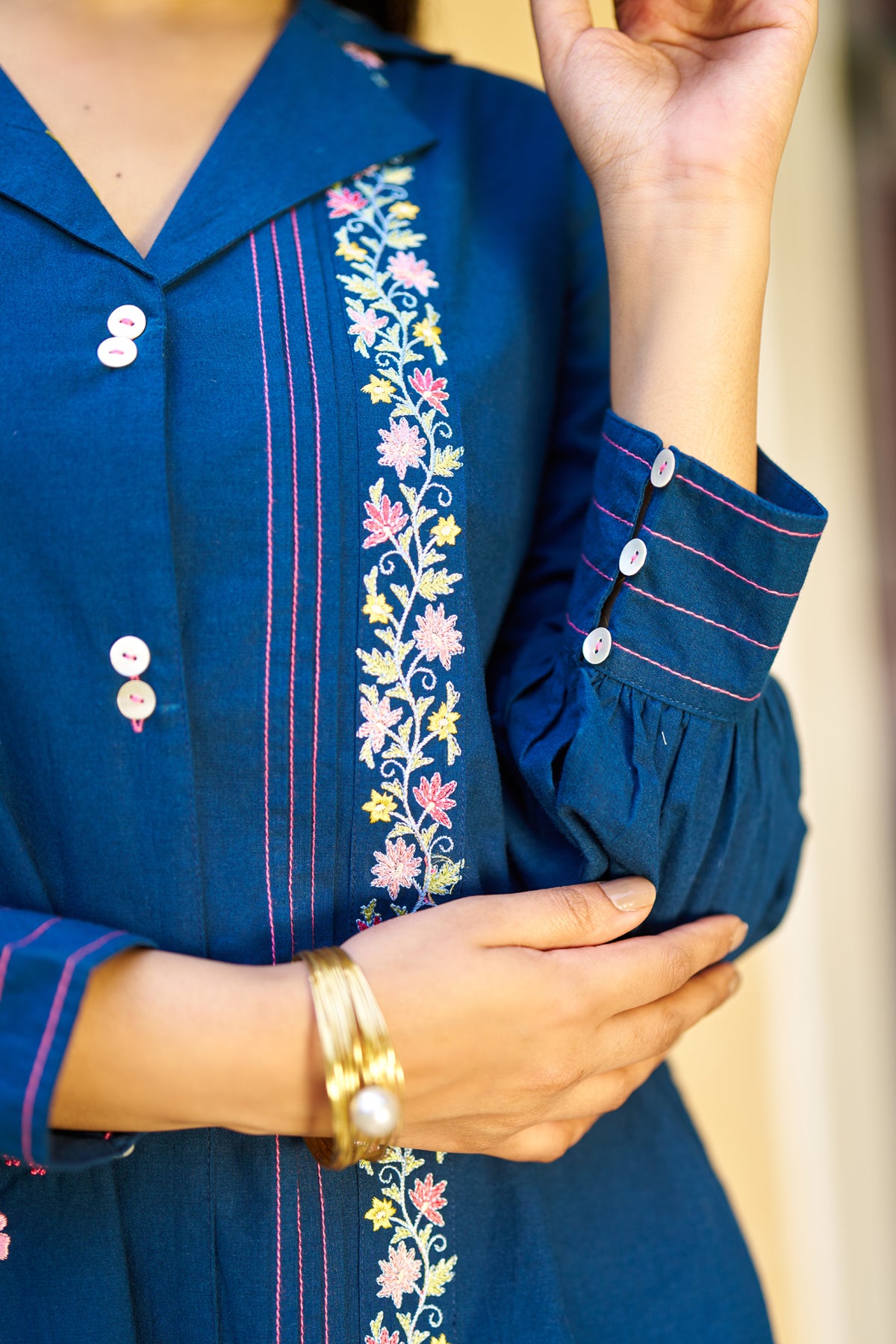 Navy Blue Cotton Embroidered Cord Set