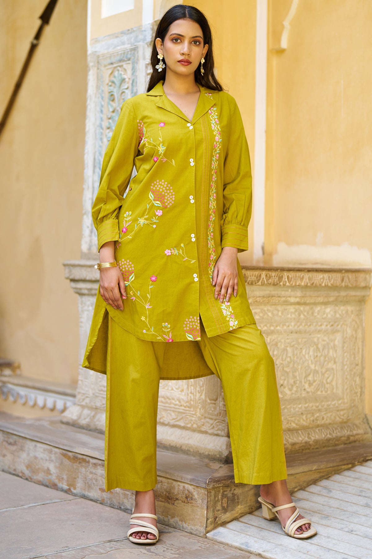 Mustard Cotton Embroidered Cord Set