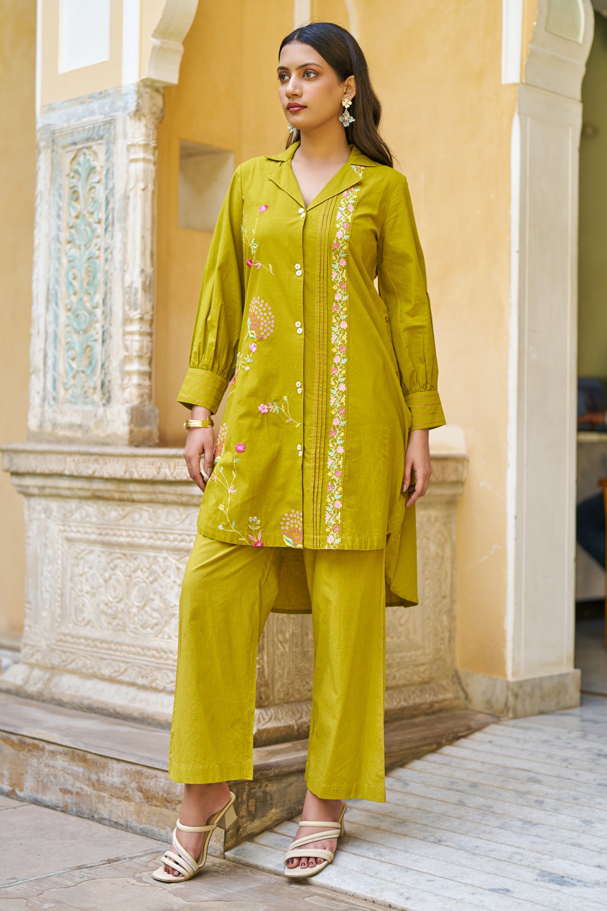 Mustard Cotton Embroidered Cord Set