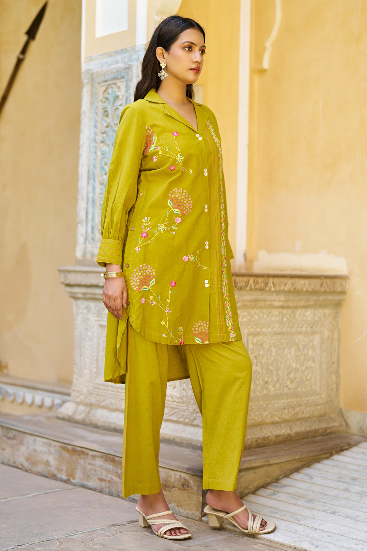 Mustard Cotton Embroidered Cord Set