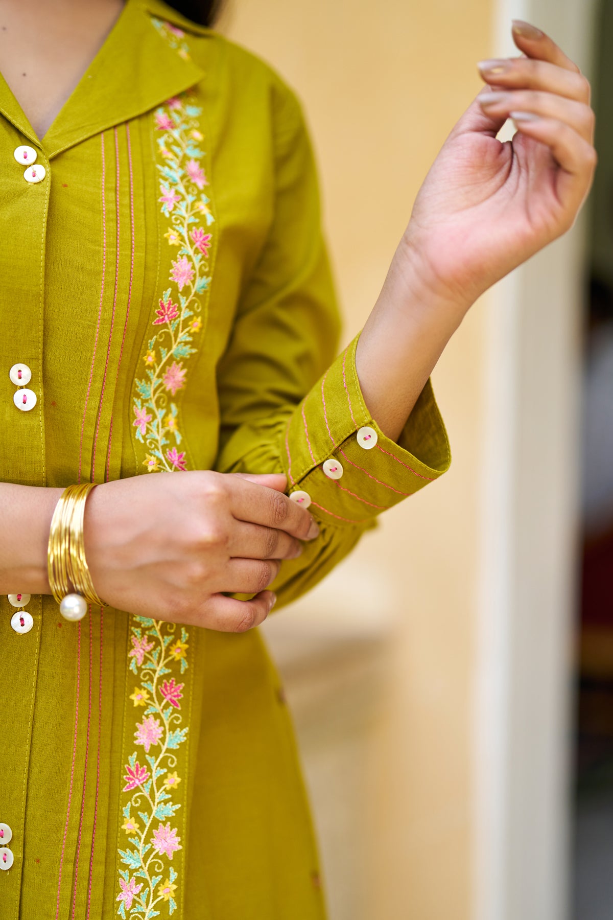 Mustard Cotton Embroidered Cord Set