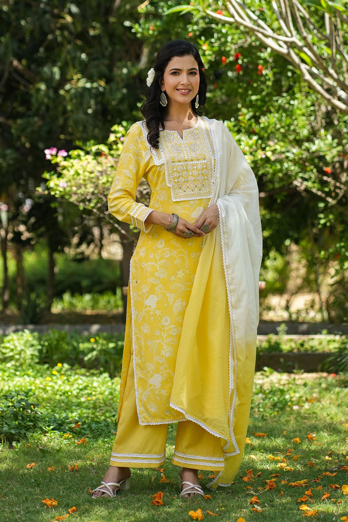 Yellow Rayon Embroidered Straight Suit