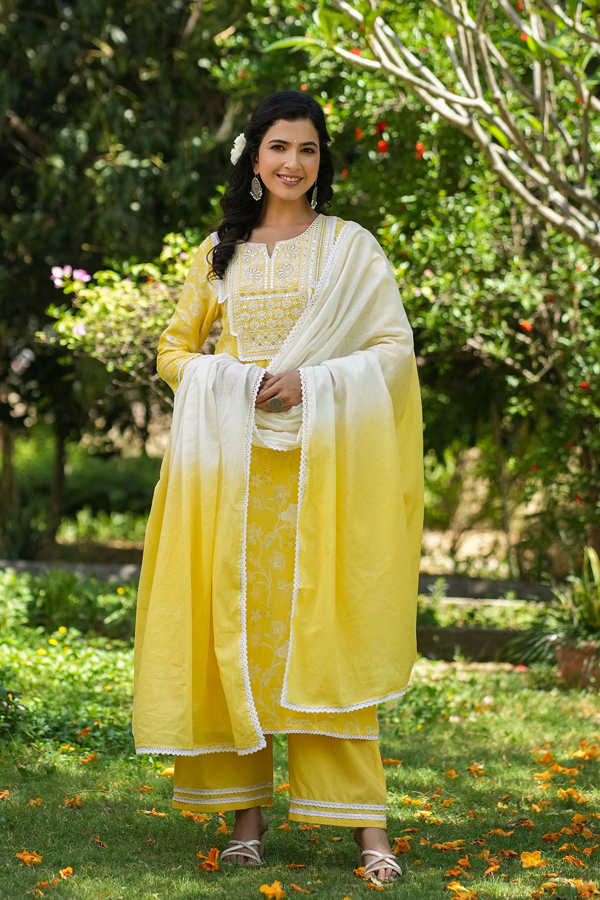 Yellow Rayon Embroidered Straight Suit