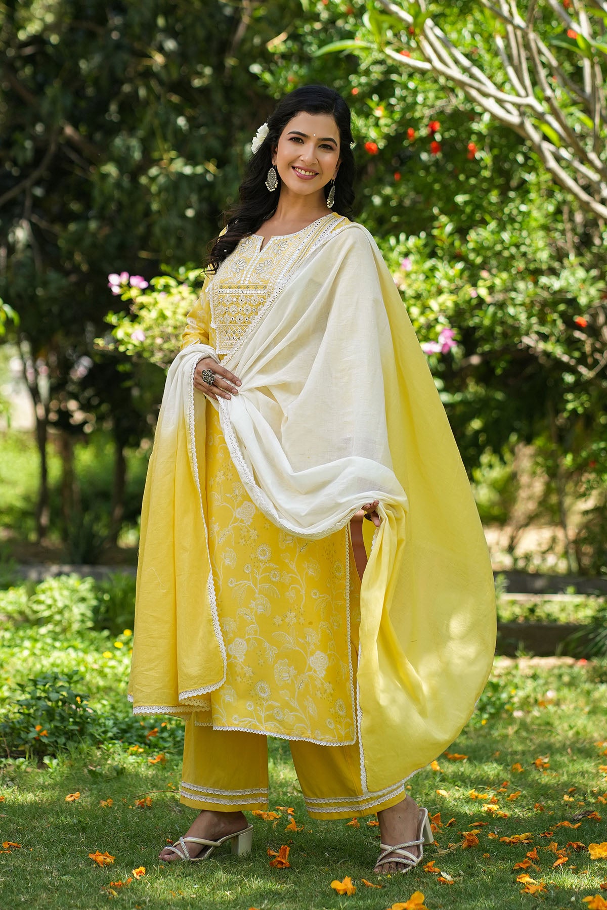 Yellow Rayon Embroidered Straight Suit