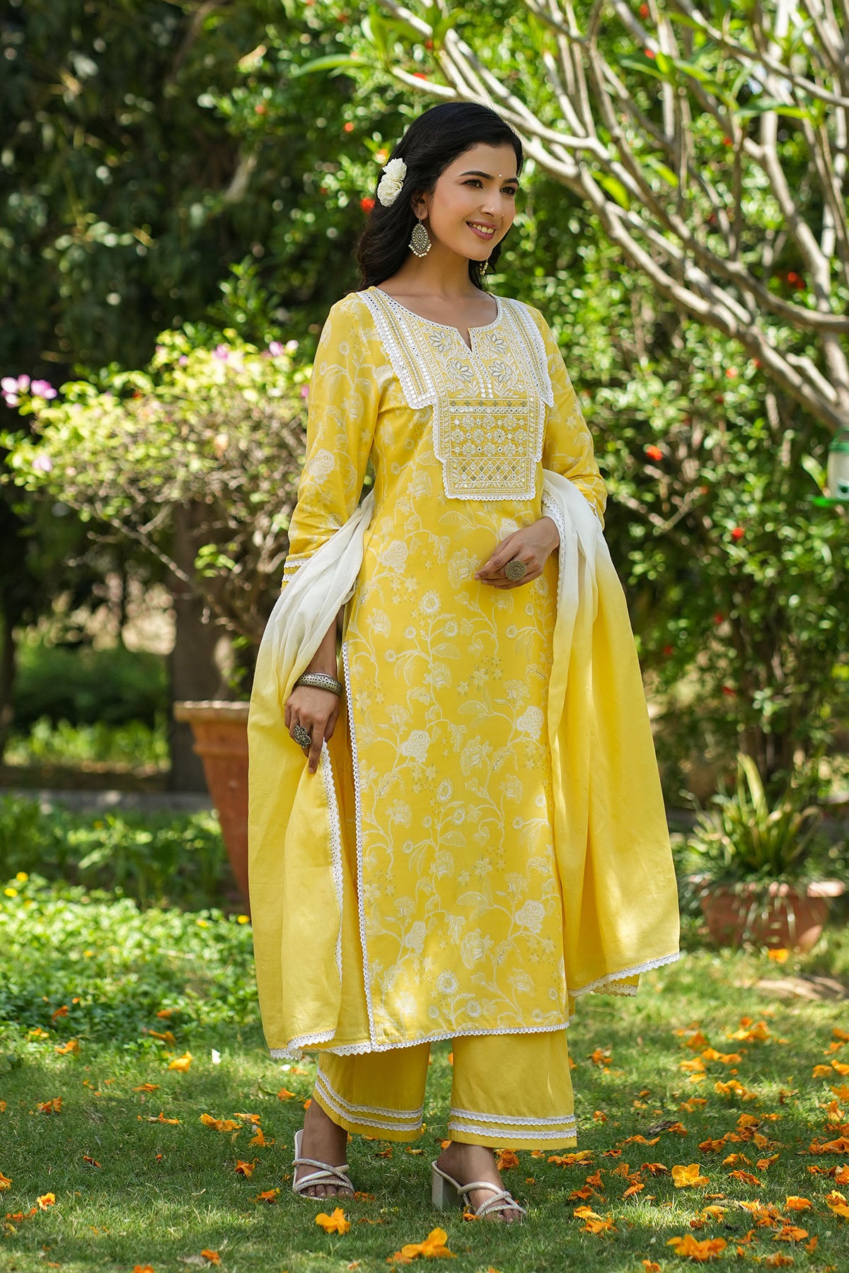 Yellow Rayon Embroidered Straight Suit