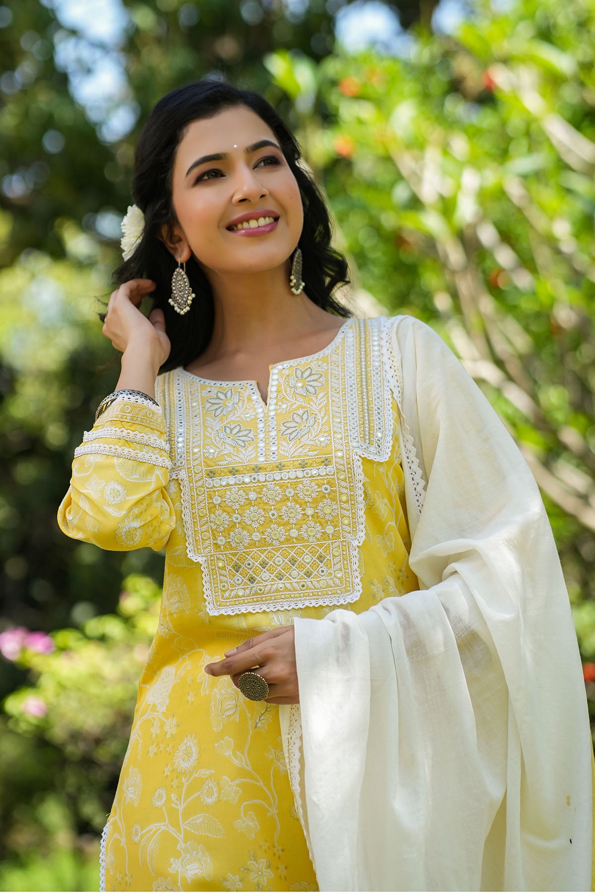 Yellow Rayon Embroidered Straight Suit