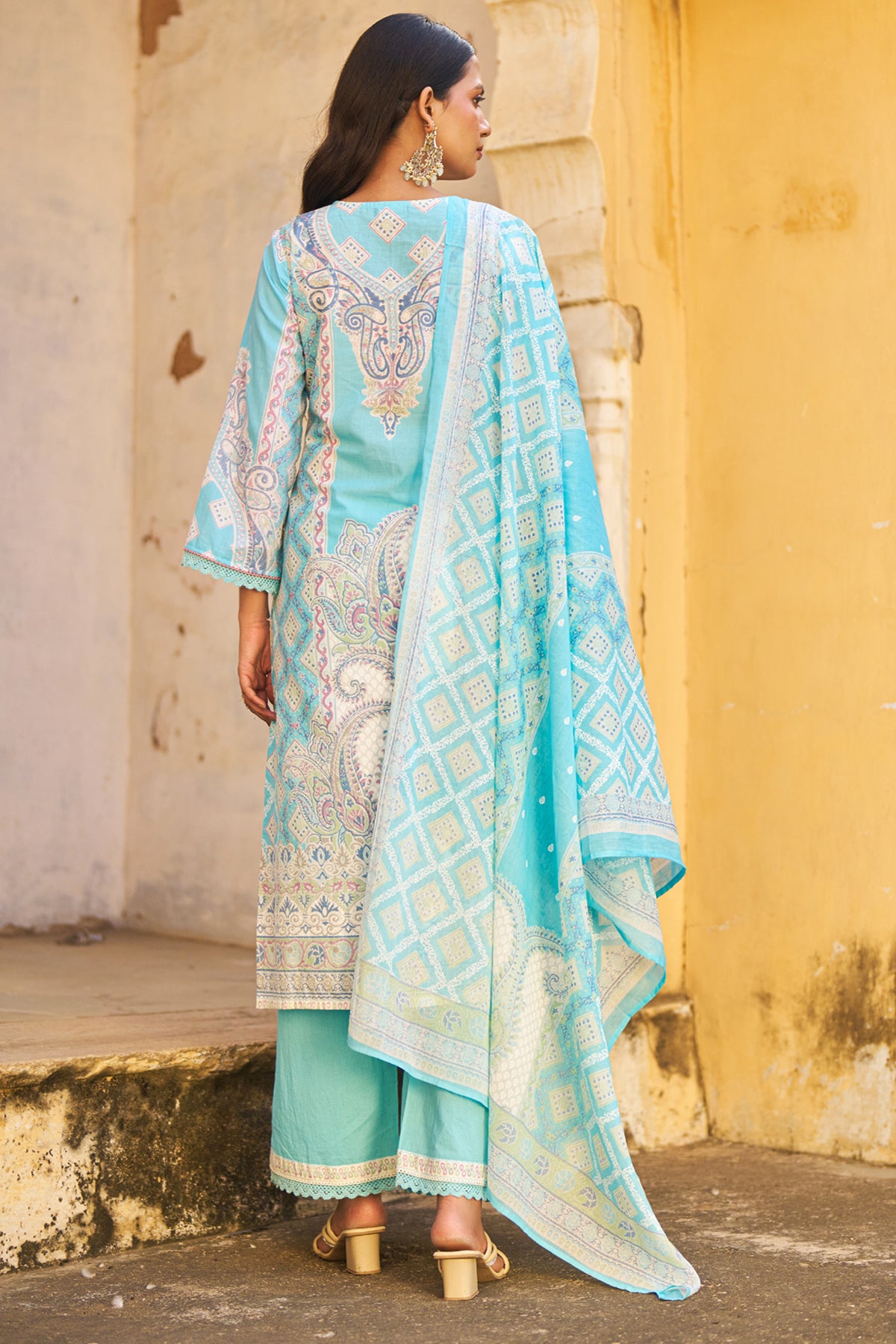 Sky Blue Cotton Embroidered Suit Set