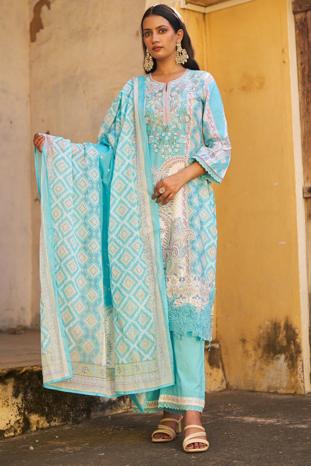 Sky Blue Cotton Embroidered Suit Set