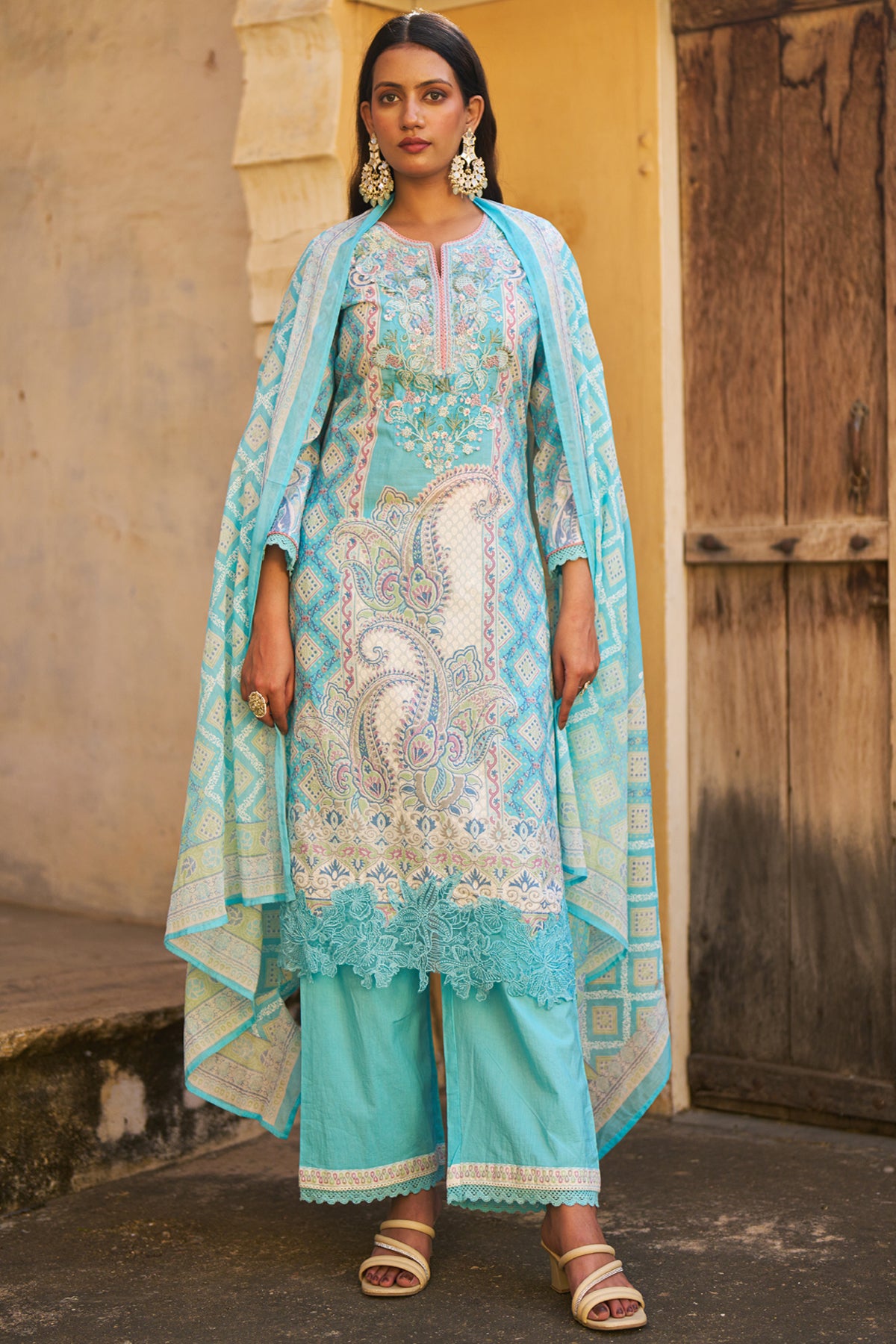Sky Blue Cotton Embroidered Suit Set