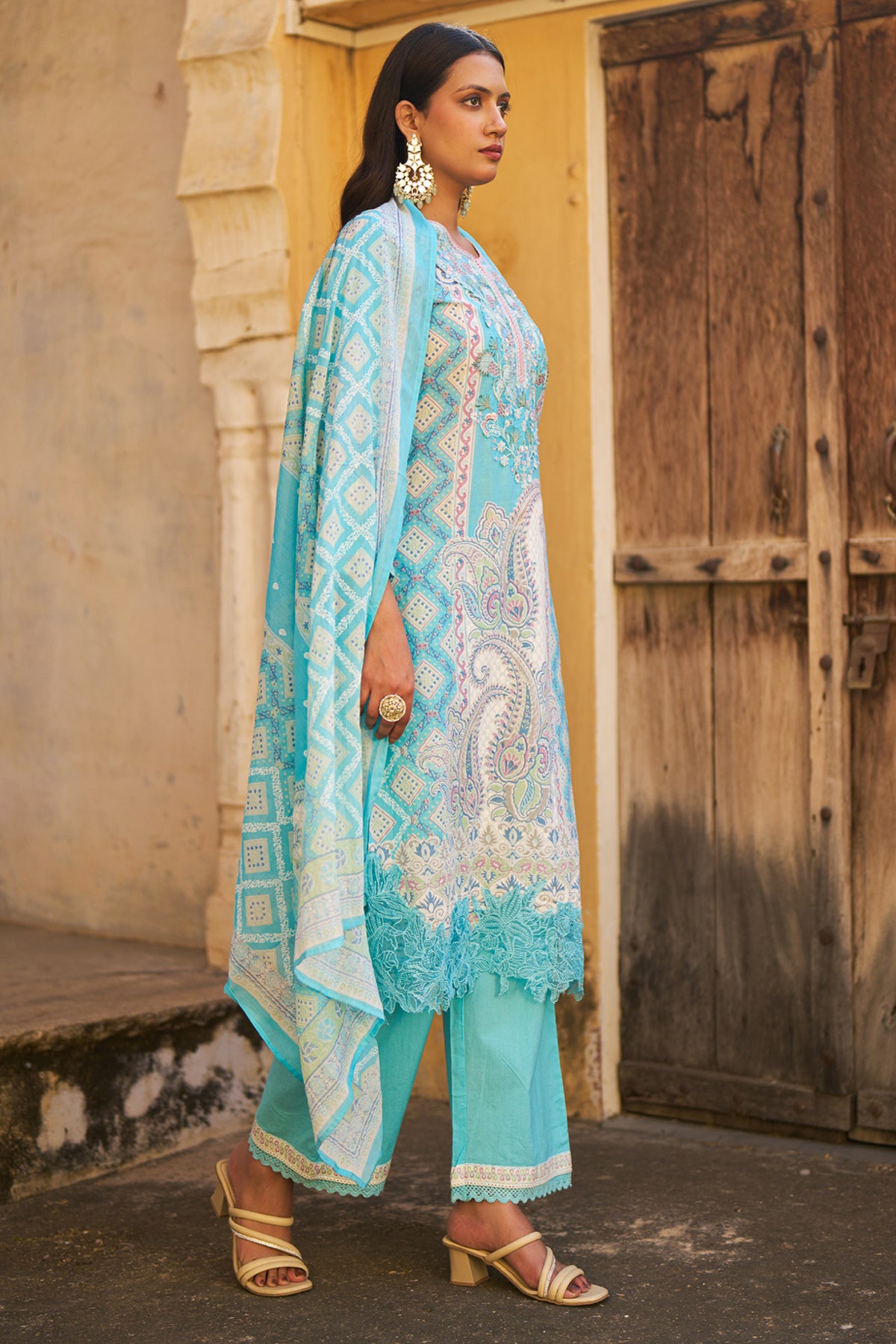 Sky Blue Cotton Embroidered Suit Set