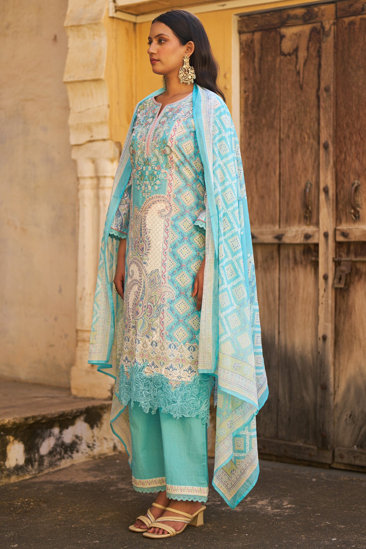 Sky Blue Cotton Embroidered Suit Set