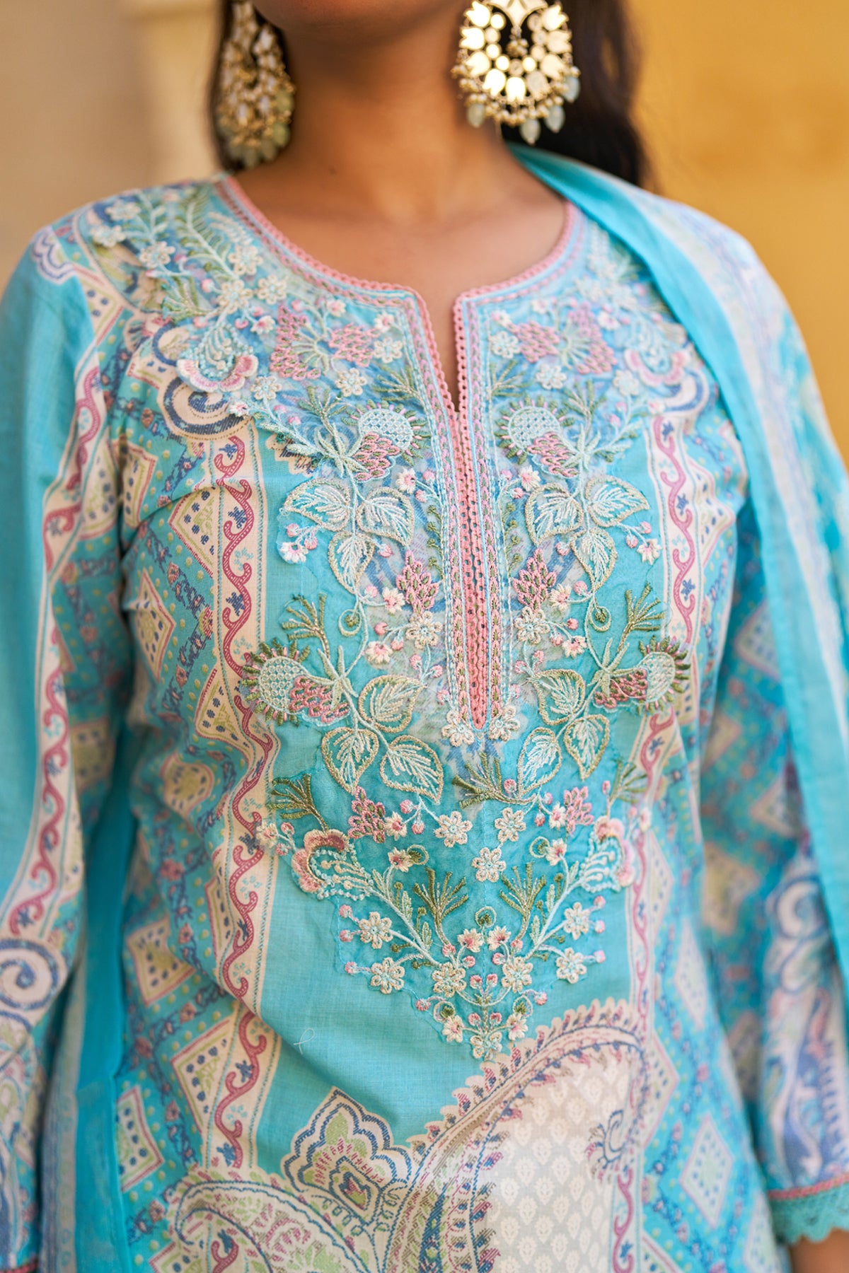 Sky Blue Cotton Embroidered Suit Set