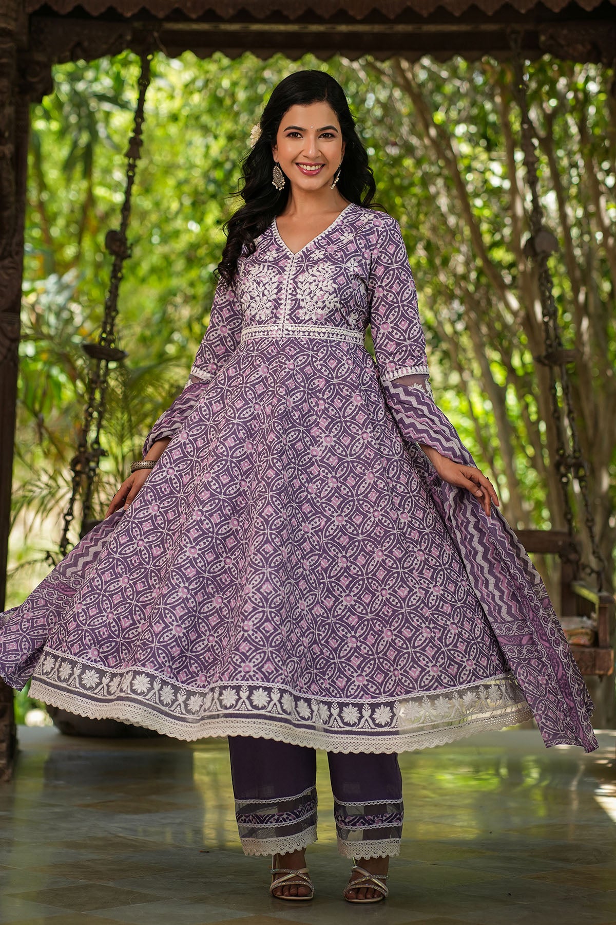 Magenta Cotton Embroidered Anarkali Suit