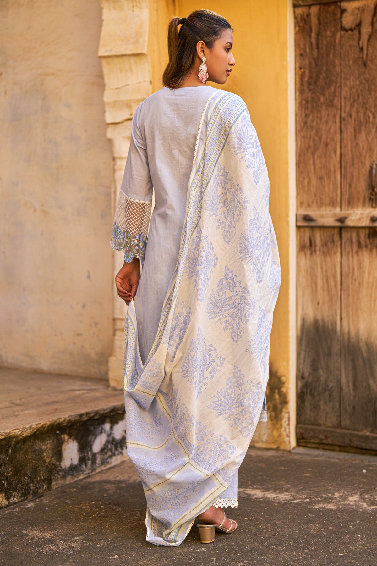 Blue Cotton Embroidered Suit Set